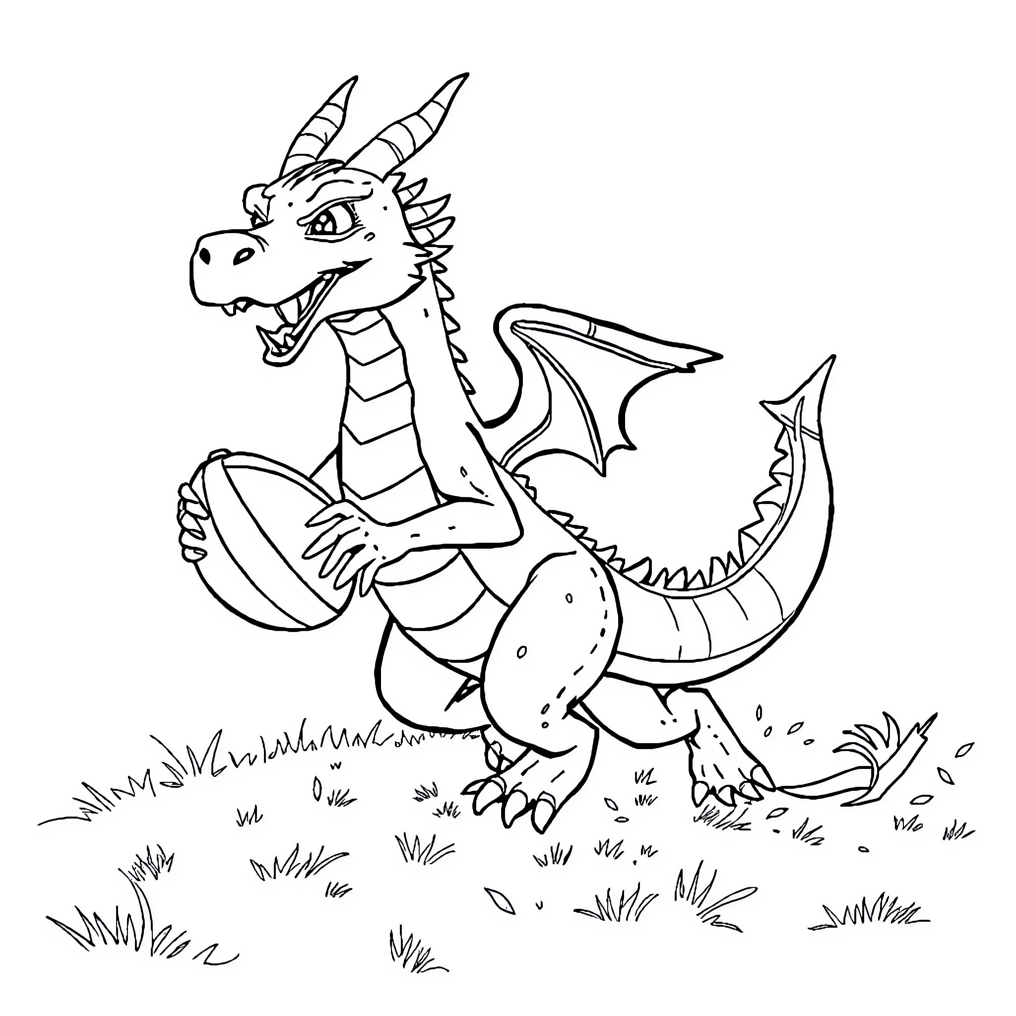 Dragon Roaring Fiercely in the Meadow Coloring Page (free black-and-white line drawing printable PDF for all, from beginners to advanced learners, including children, teens, adults, and seniors)