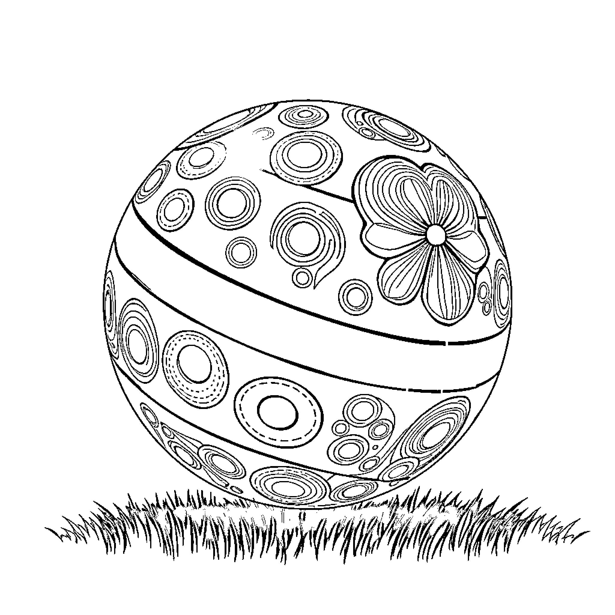 Ball with floral patterns and shapes Coloring Page (free black-and-white line drawing printable PDF for all, from beginners to advanced learners, including children, teens, adults, and seniors)