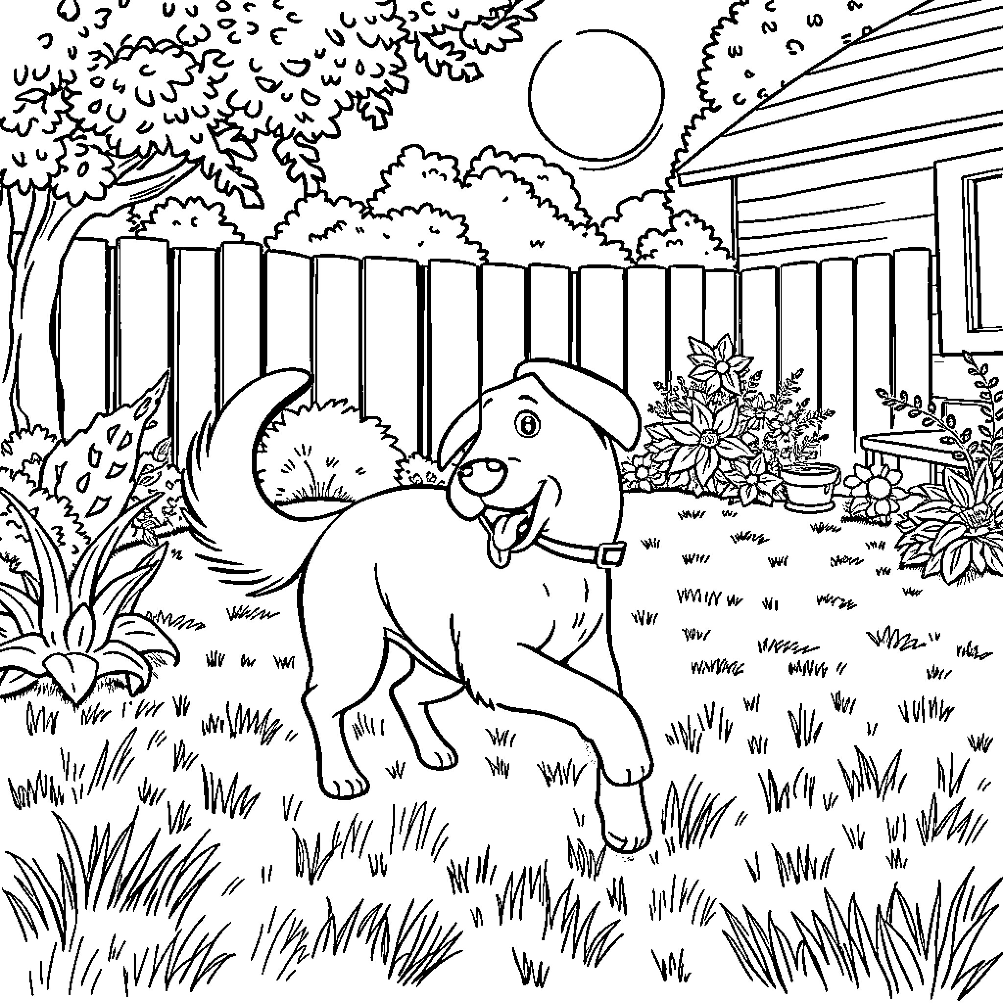 Dog joyfully playing in backyard Coloring Page (free black-and-white line drawing printable PDF for all, from beginners to advanced learners, including children, teens, adults, and seniors)
