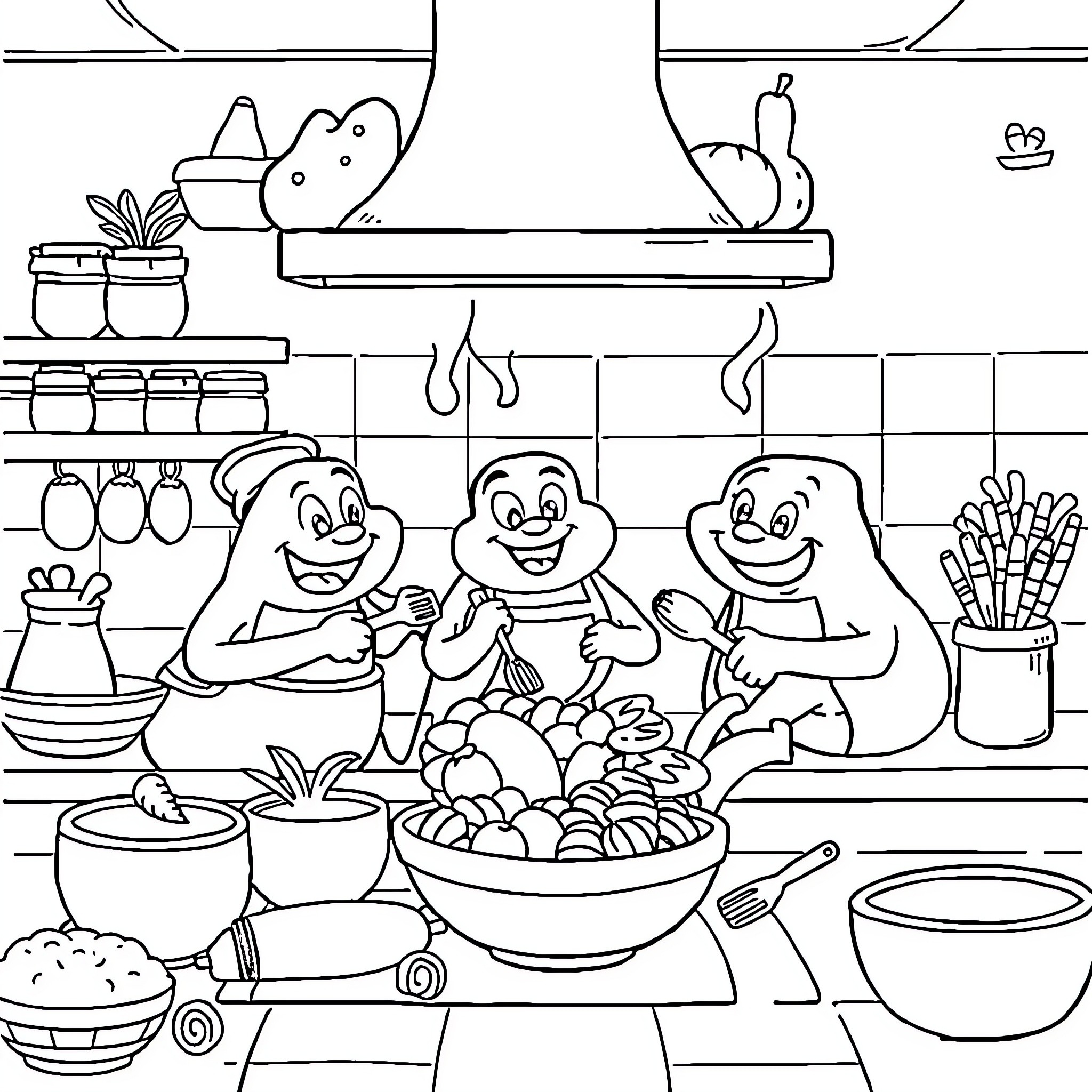 Bear friends cooking in kitchen Coloring Page (free black-and-white line drawing printable PDF for all, from beginners to advanced learners, including children, teens, adults, and seniors)