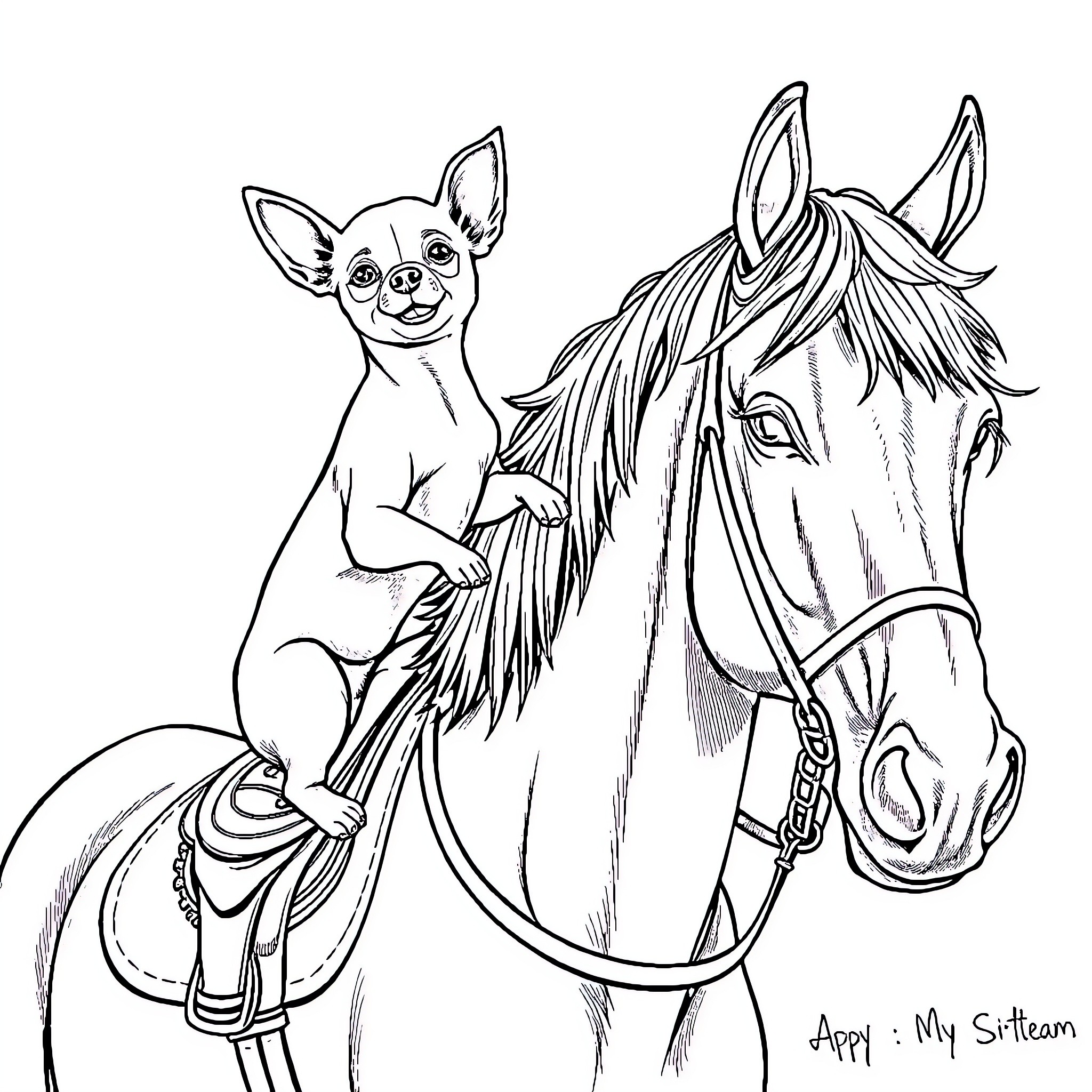 Chihuahua riding playfully on a horse Coloring Page (free black-and-white line drawing printable PDF for all, from beginners to advanced learners, including children, teens, adults, and seniors)