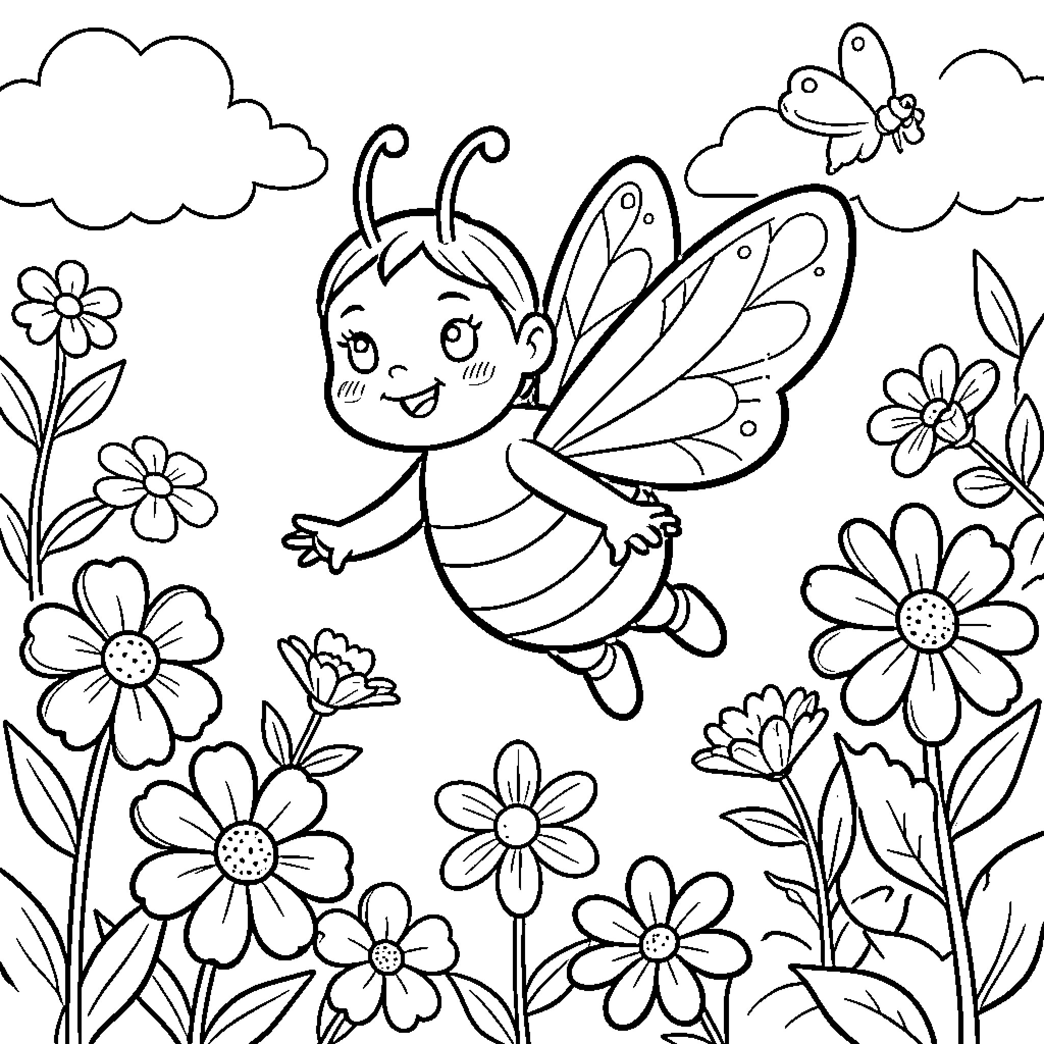 Bee character flying joyfully through a flower garden Coloring Page (free black-and-white line drawing printable PDF for all, from beginners to advanced learners, including children, teens, adults, and seniors)