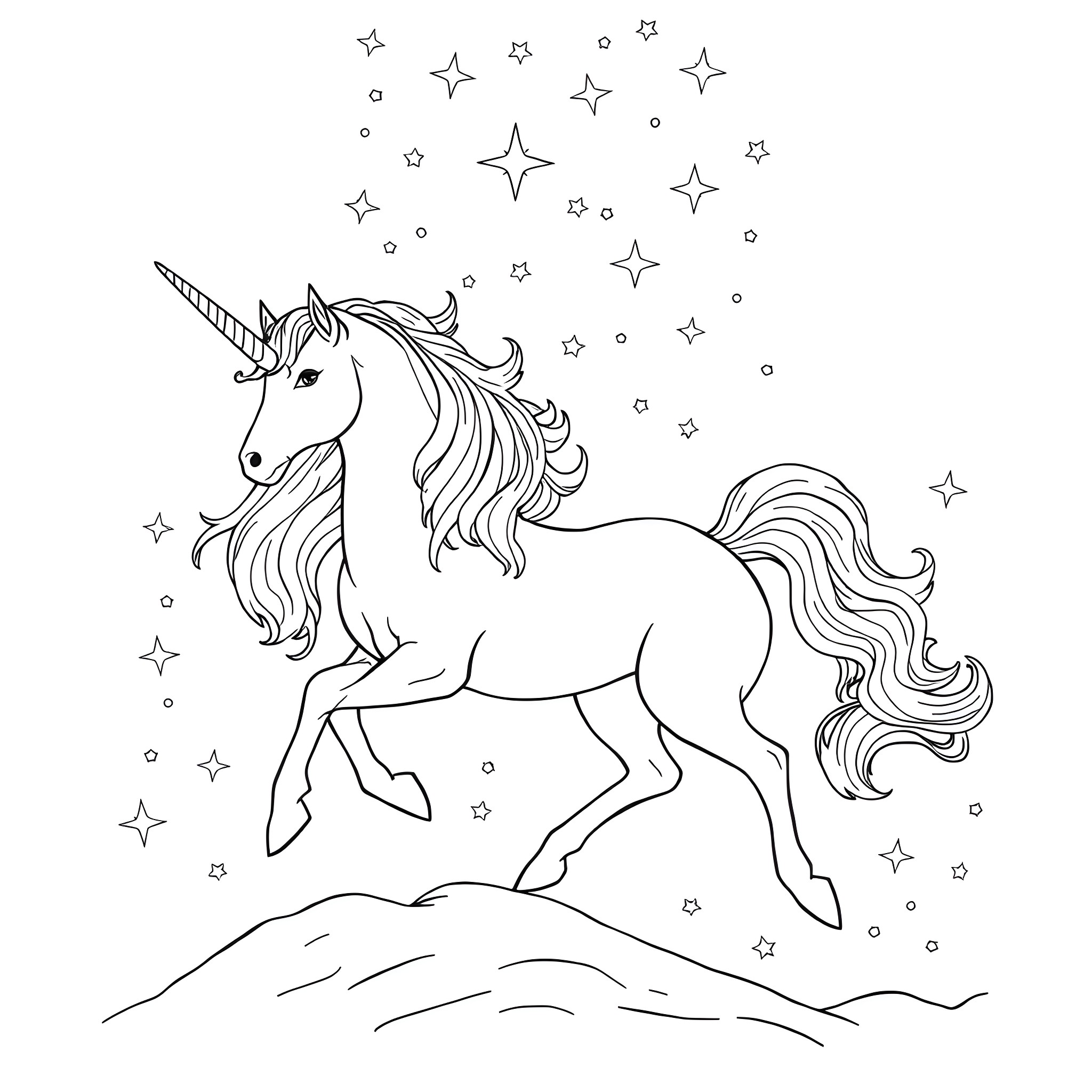Unicorn galloping through a starry night sky Coloring Page (free black-and-white line drawing printable PDF for all, from beginners to advanced learners, including children, teens, adults, and seniors)