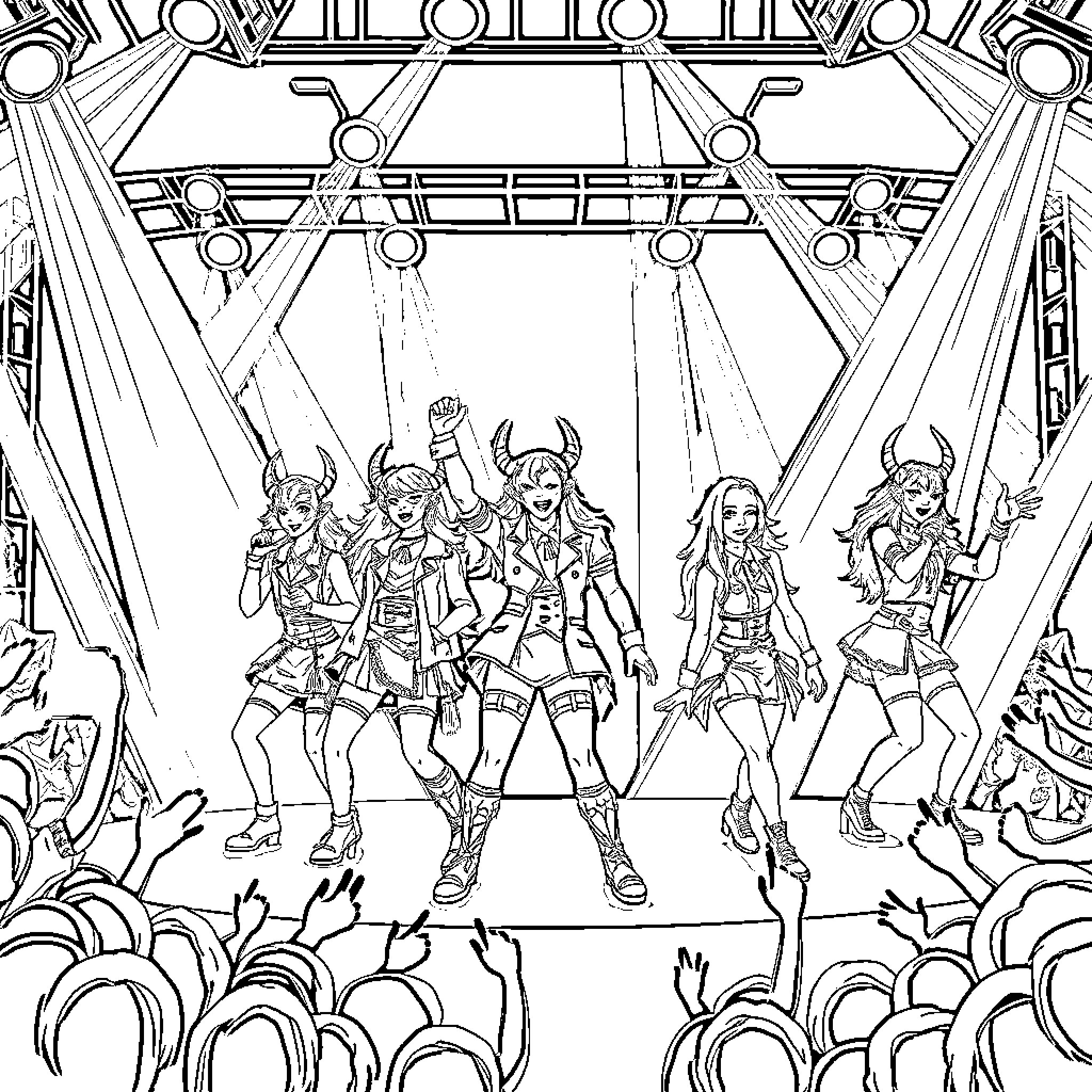 Demon Hunters performing on stage Coloring Page (free black-and-white line drawing printable PDF for all, from beginners to advanced learners, including children, teens, adults, and seniors)