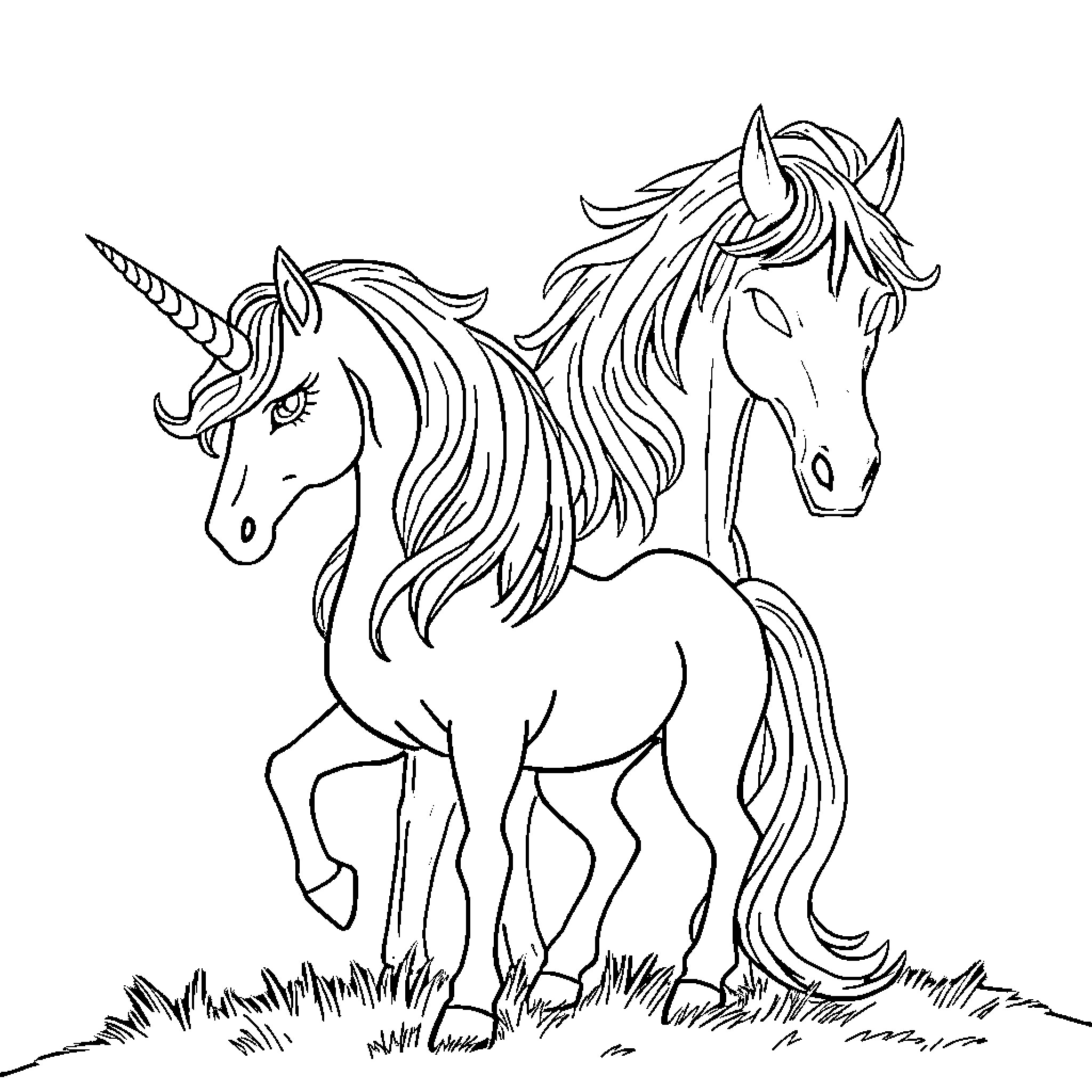Unicorns prancing together in the meadow Coloring Page (free black-and-white line drawing printable PDF for all, from beginners to advanced learners, including children, teens, adults, and seniors)