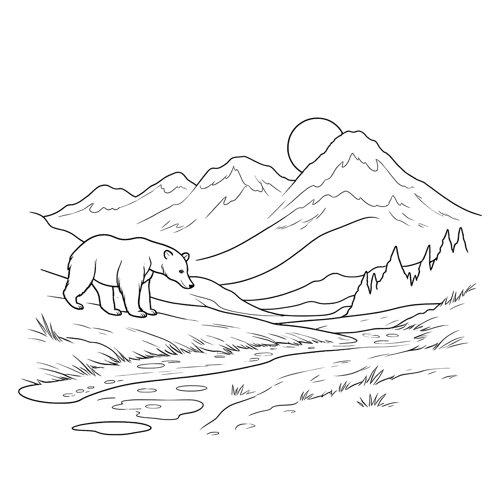 Bear roaming in snowy mountain landscape Coloring Page (free black-and-white line drawing printable PDF for all, from beginners to advanced learners, including children, teens, adults, and seniors)