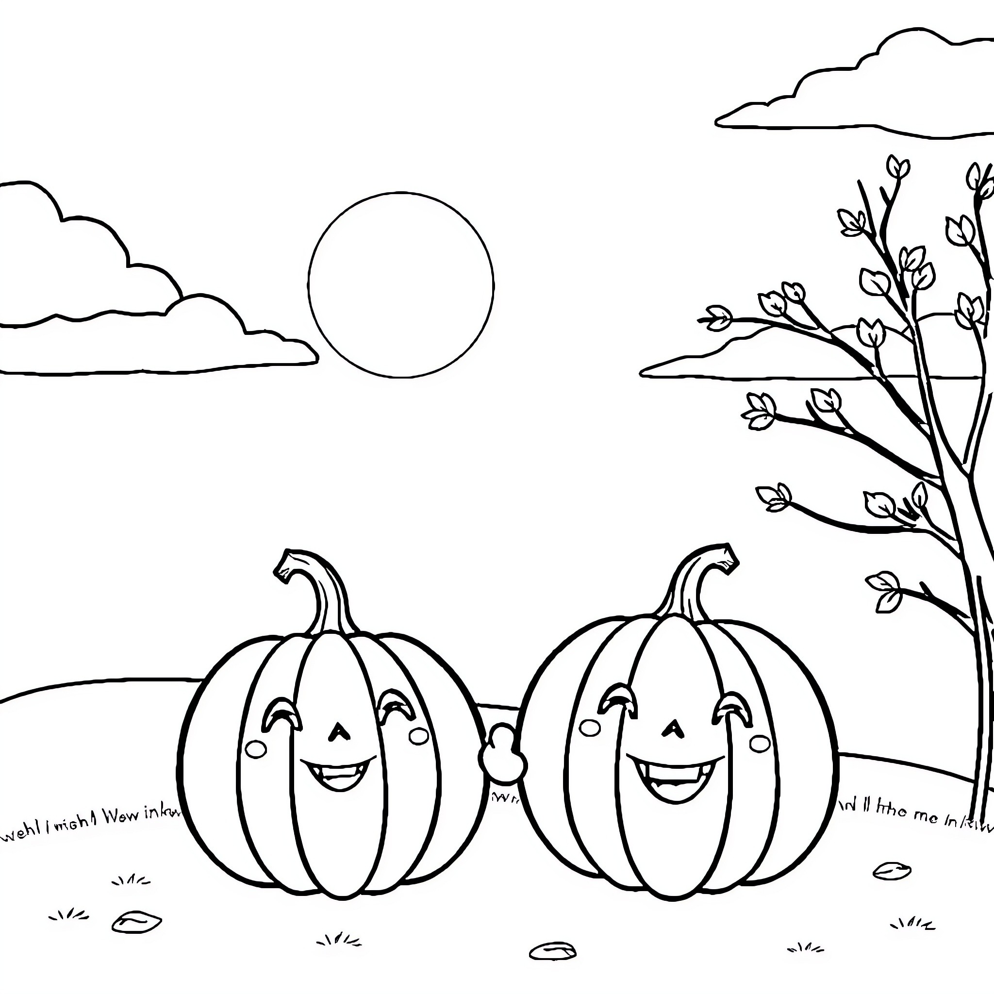 Pumpkins enjoying a scenic autumn day Coloring Page (free black-and-white line drawing printable PDF for all, from beginners to advanced learners, including children, teens, adults, and seniors)
