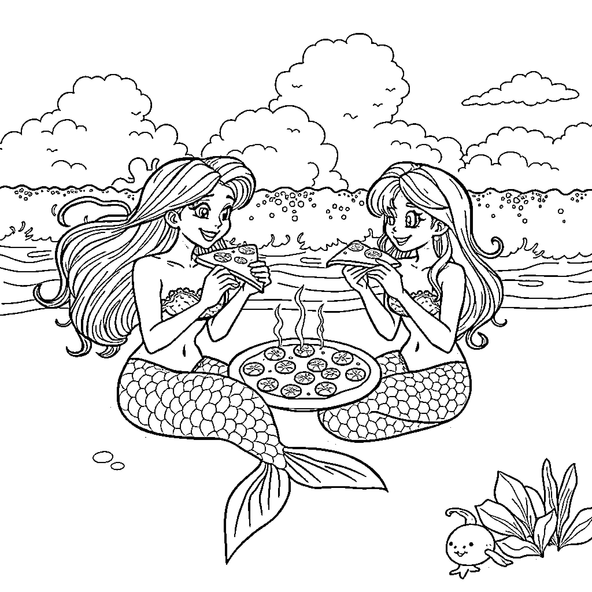 Mermaid friends enjoying a seaside picnic Coloring Page (free black-and-white line drawing printable PDF for all, from beginners to advanced learners, including children, teens, adults, and seniors)