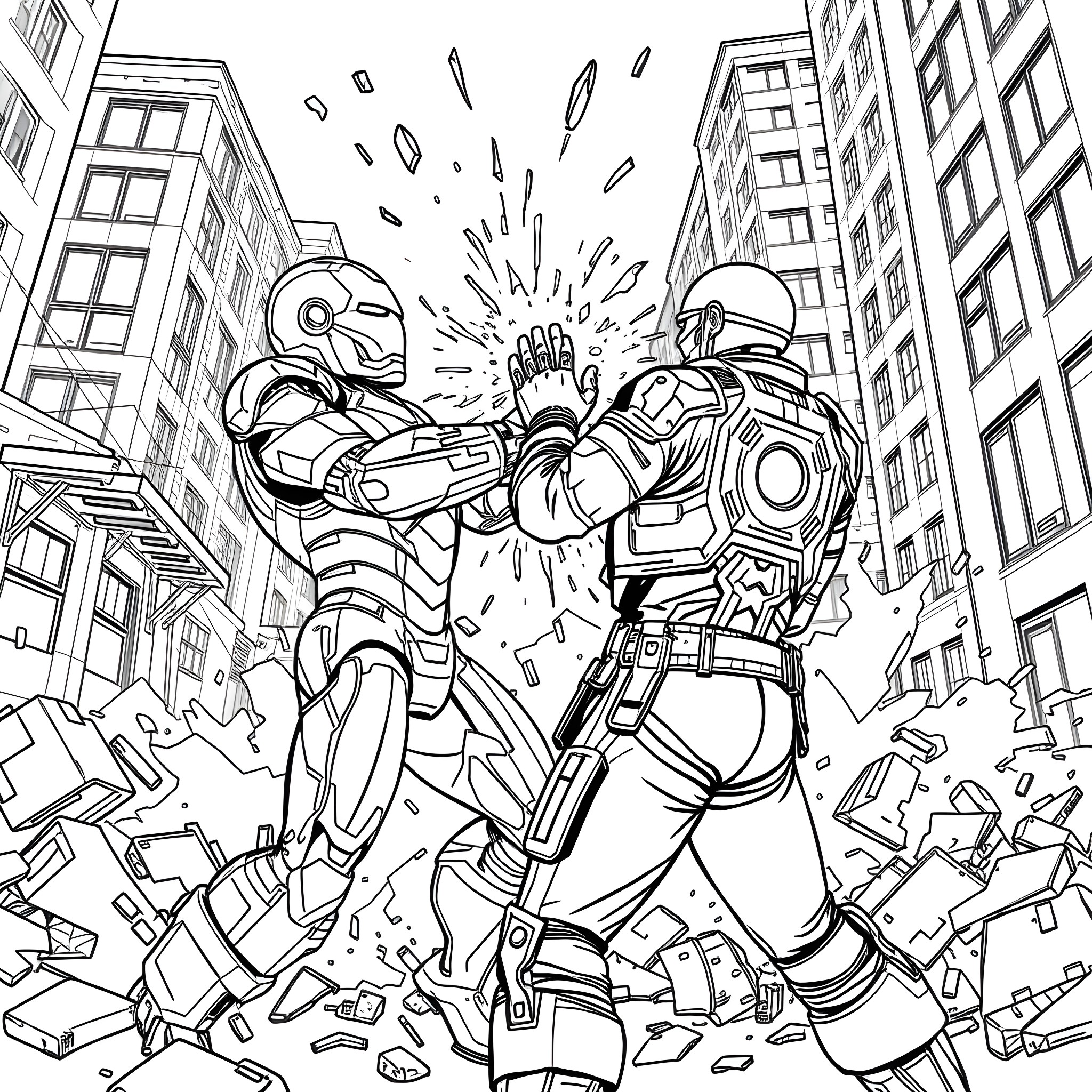 Iron Man battling enemy in urban setting Coloring Page (free black-and-white line drawing printable PDF for all, from beginners to advanced learners, including children, teens, adults, and seniors)