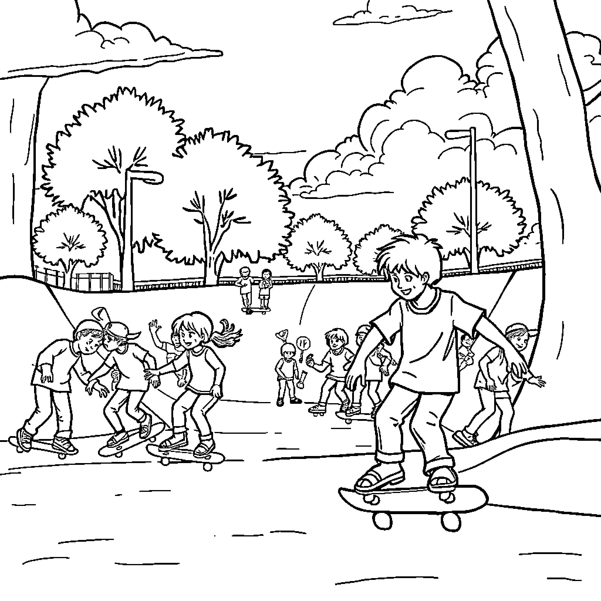 Skatepark with active youths enjoying outdoor activities Coloring Page (free black-and-white line drawing printable PDF for all, from beginners to advanced learners, including children, teens, adults, and seniors)