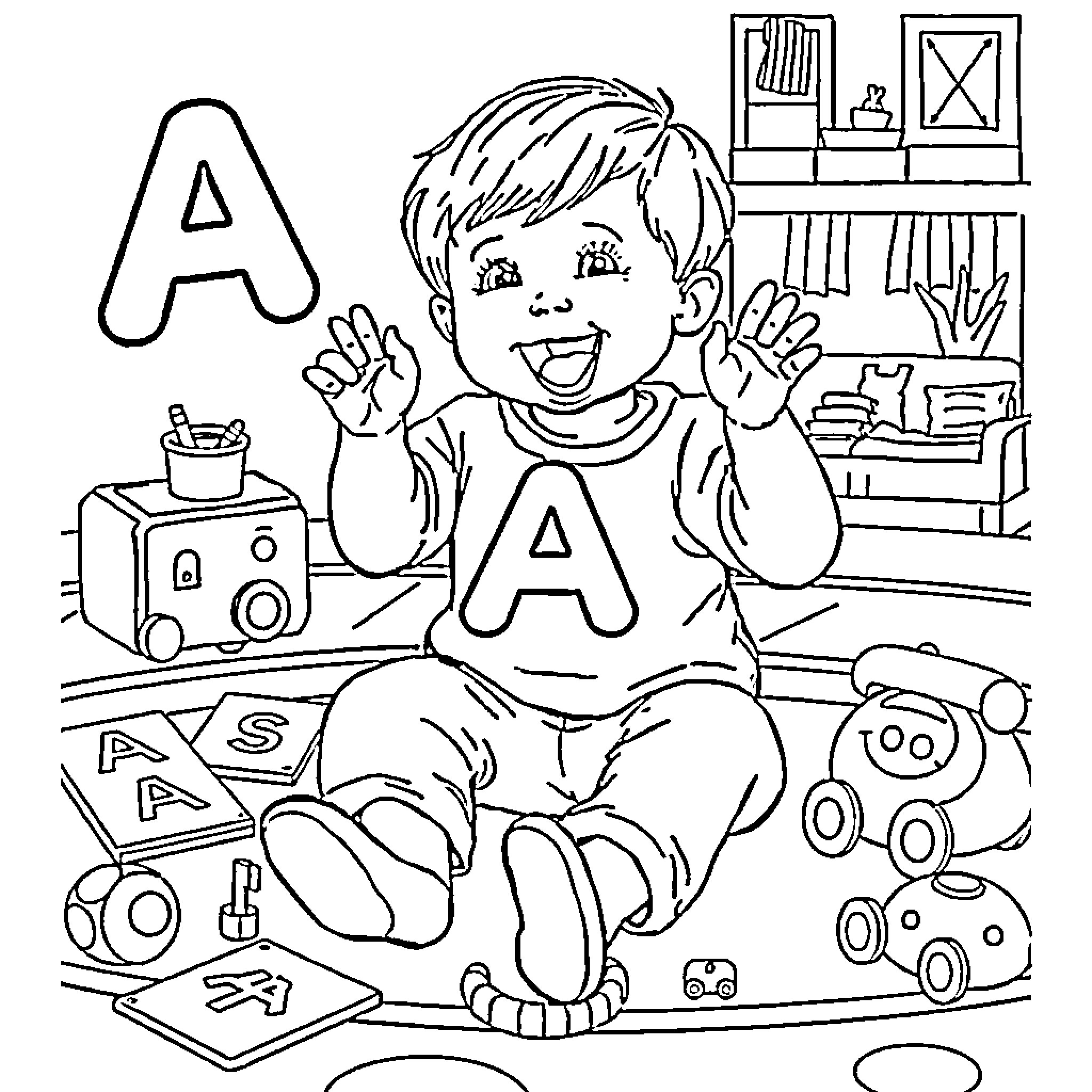 Letter A: Boy playing with toys in his room Coloring Page (free black-and-white line drawing printable PDF for all, from beginners to advanced learners, including children, teens, adults, and seniors)