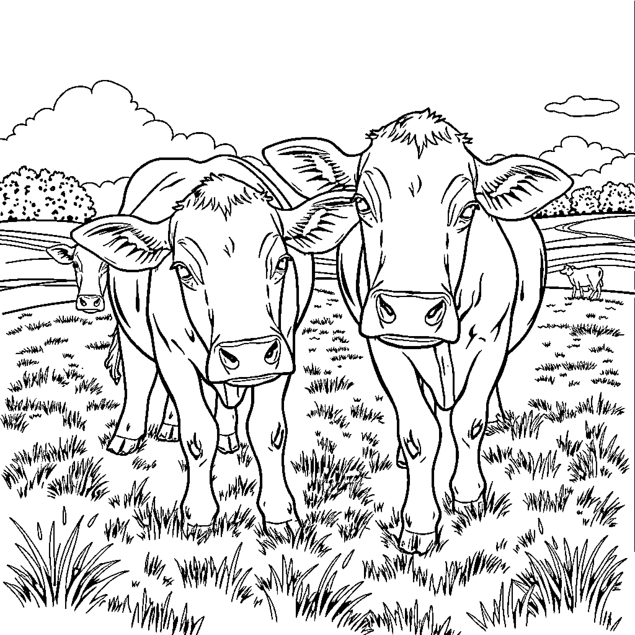 Cow grazing peacefully in the countryside Coloring Page (free black-and-white line drawing printable PDF for all, from beginners to advanced learners, including children, teens, adults, and seniors)