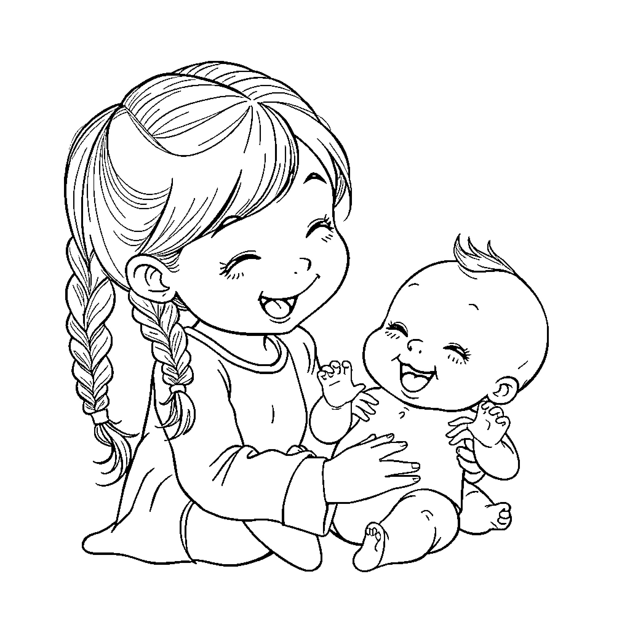 Girl playing with baby in black and white Coloring Page (free black-and-white line drawing printable PDF for all, from beginners to advanced learners, including children, teens, adults, and seniors)