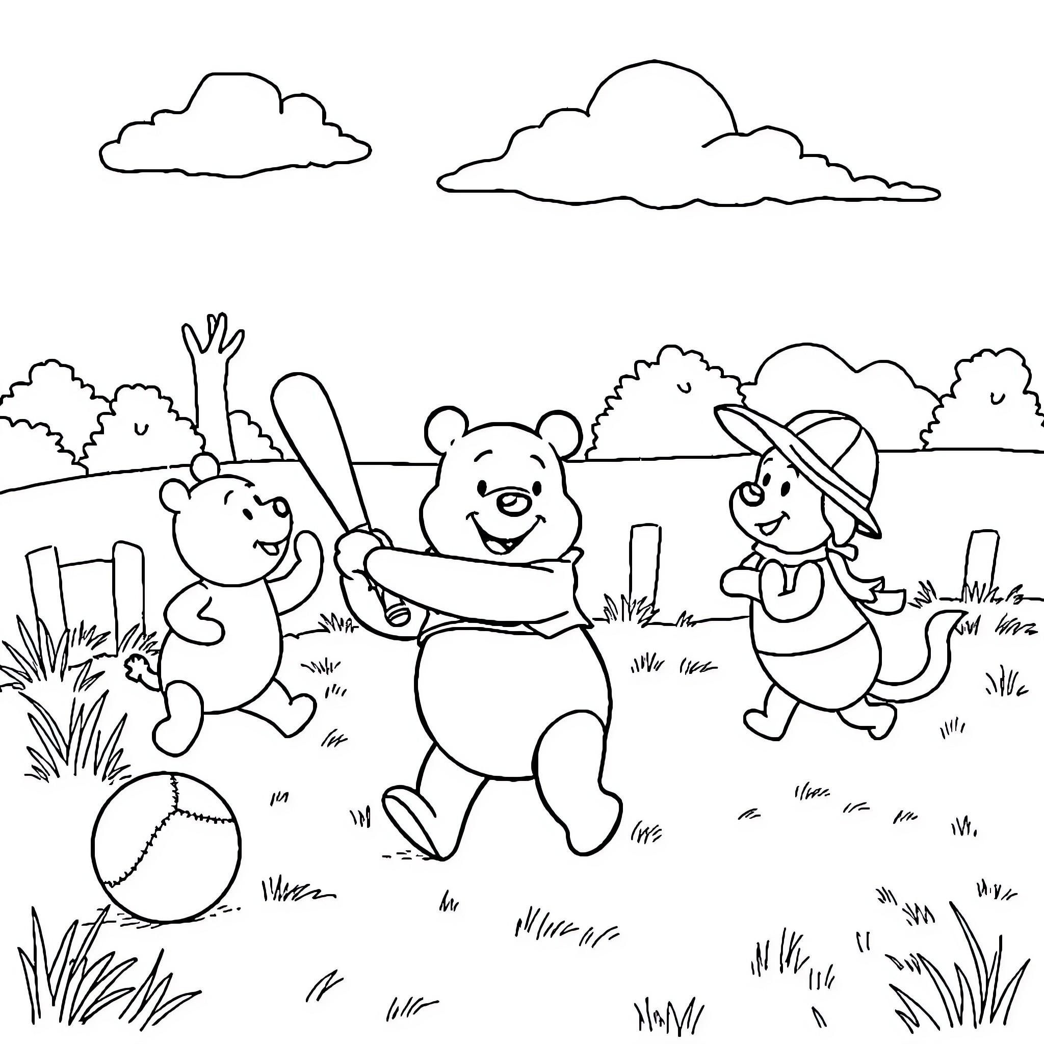 Winnie The Pooh and Friends Enjoying Outdoor Adventures Coloring Page (free black-and-white line drawing printable PDF for all, from beginners to advanced learners, including children, teens, adults, and seniors)