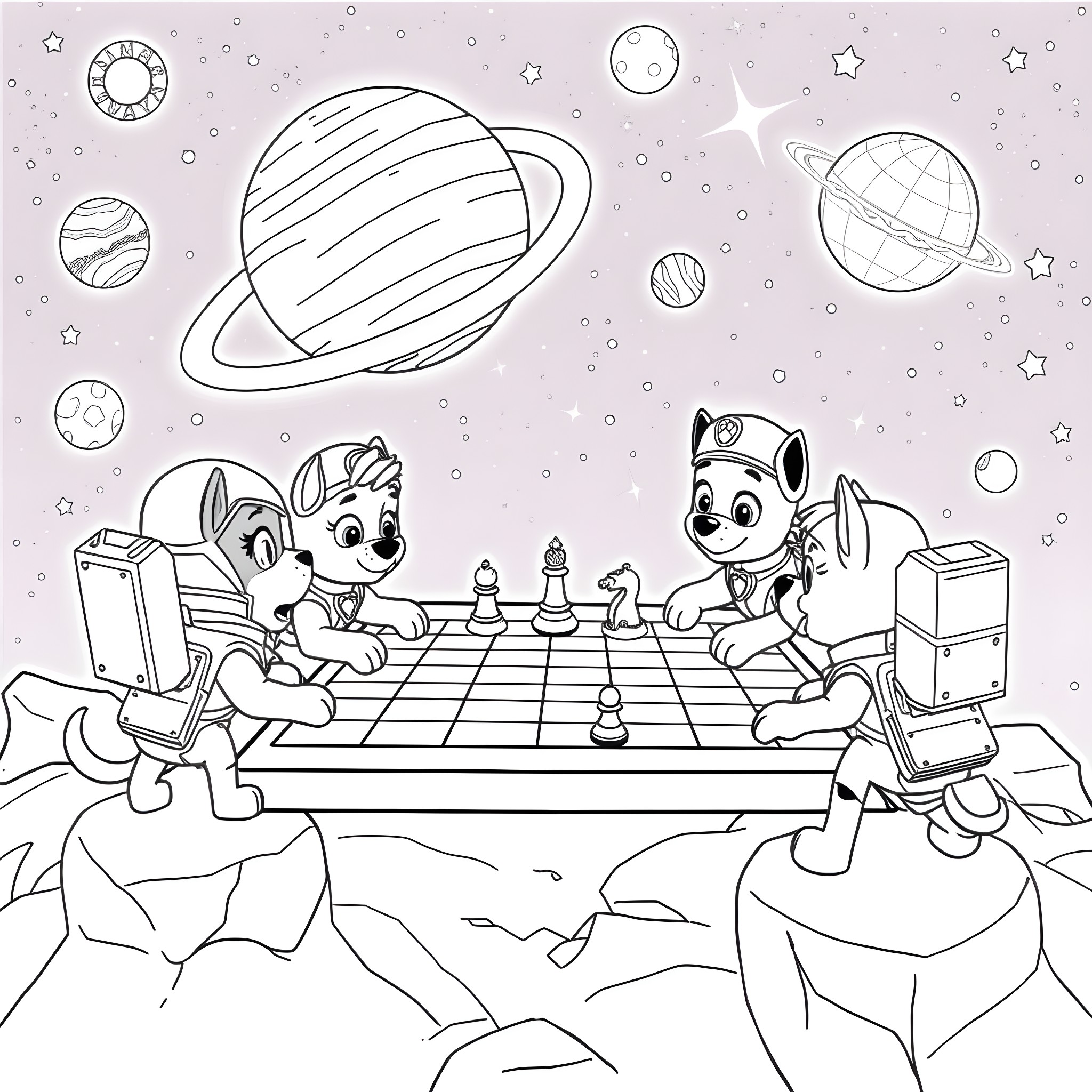 Paw Patrol characters playing chess in the cosmos Coloring Page (free black-and-white line drawing printable PDF for all, from beginners to advanced learners, including children, teens, adults, and seniors)