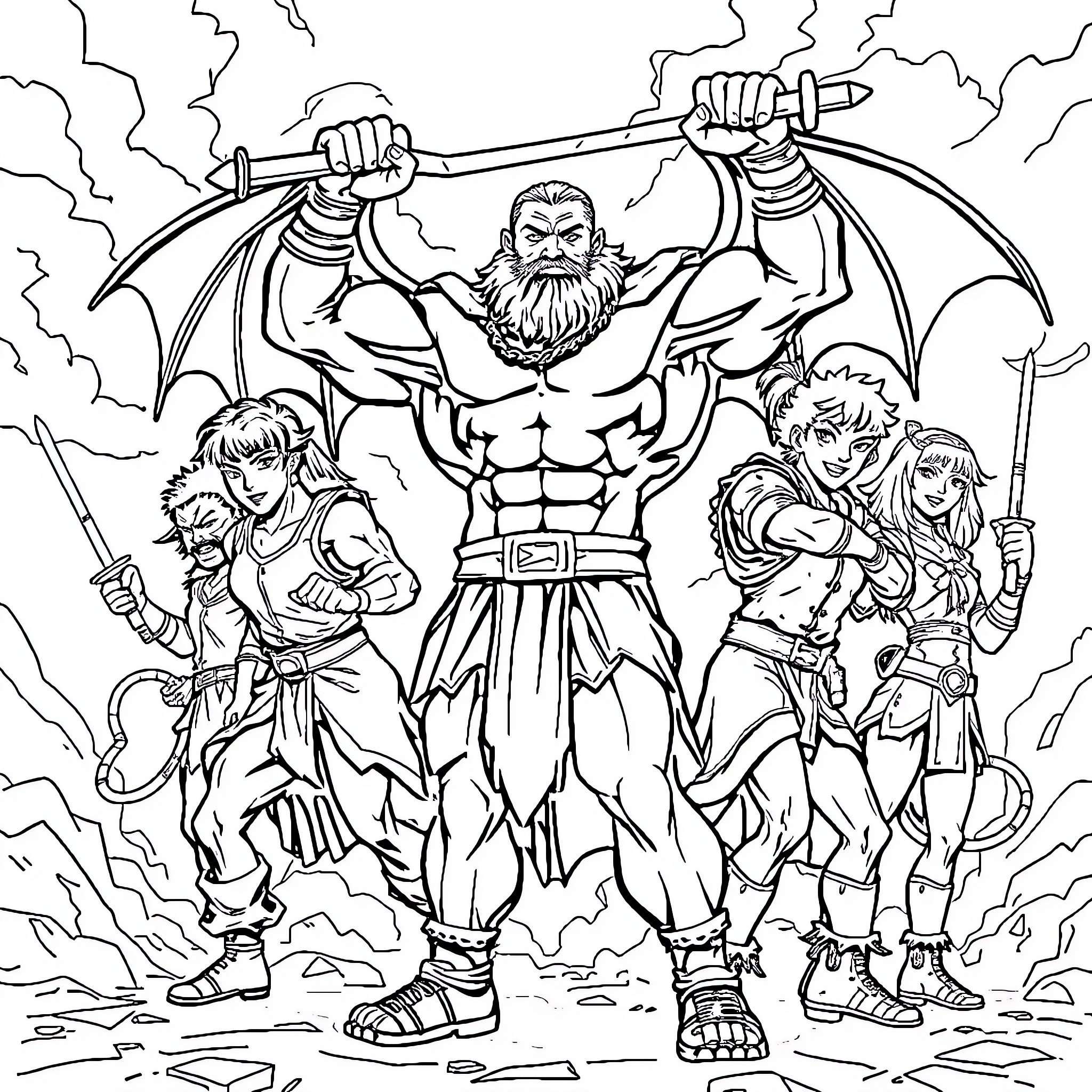 Hercules and his heroic companions battle mythical creatures Coloring Page (free black-and-white line drawing printable PDF for all, from beginners to advanced learners, including children, teens, adults, and seniors)