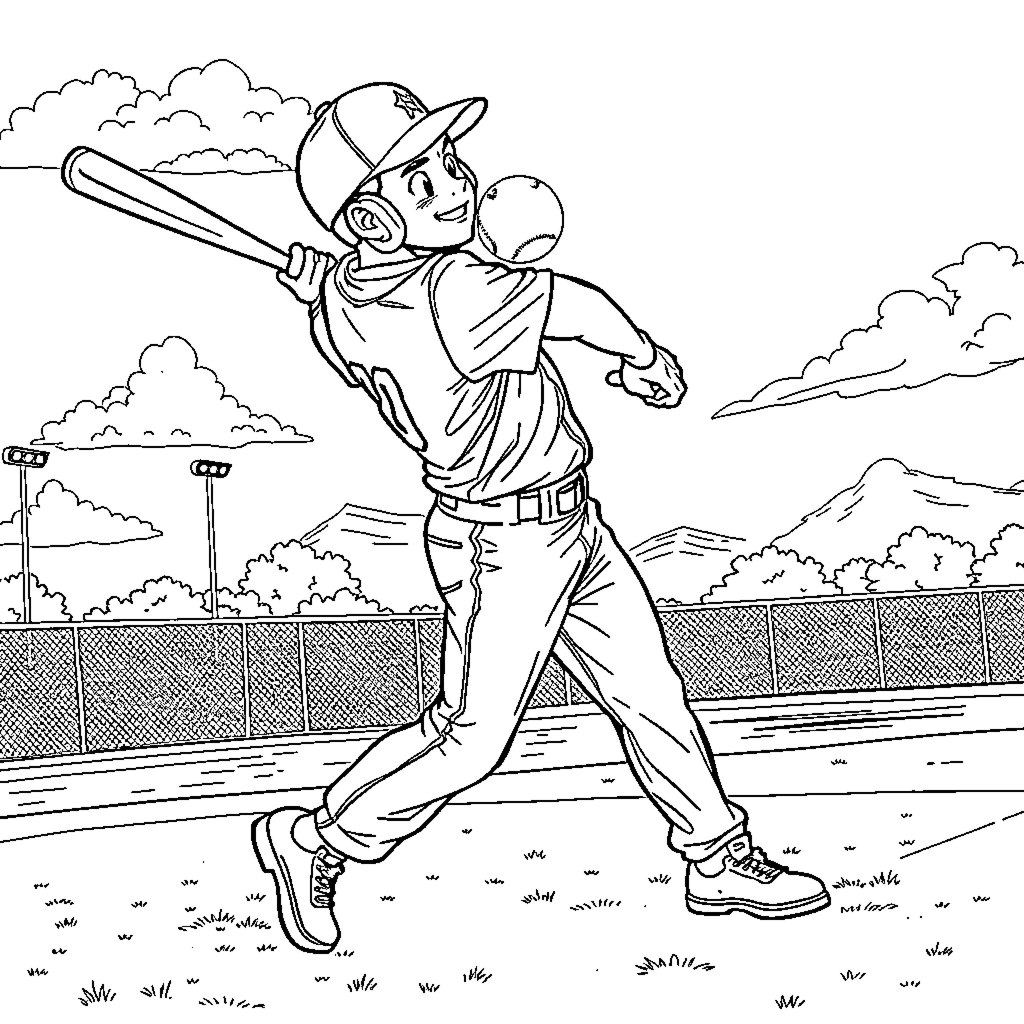 Miles Morales playing baseball on the field Coloring Page (free black-and-white line drawing printable PDF for all, from beginners to advanced learners, including children, teens, adults, and seniors)
