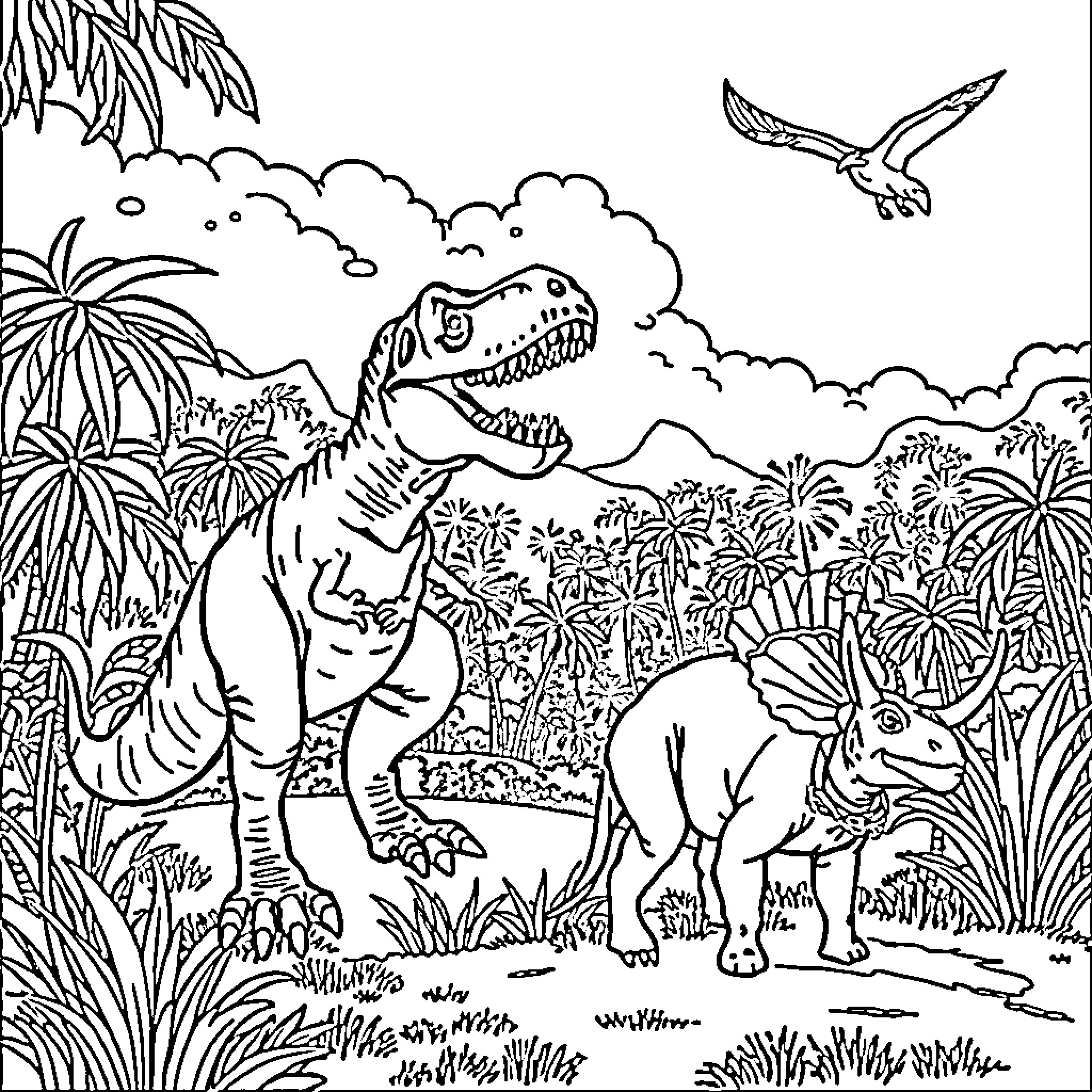 Dinosaur exploring a lush jungle landscape Coloring Page (free black-and-white line drawing printable PDF for all, from beginners to advanced learners, including children, teens, adults, and seniors)