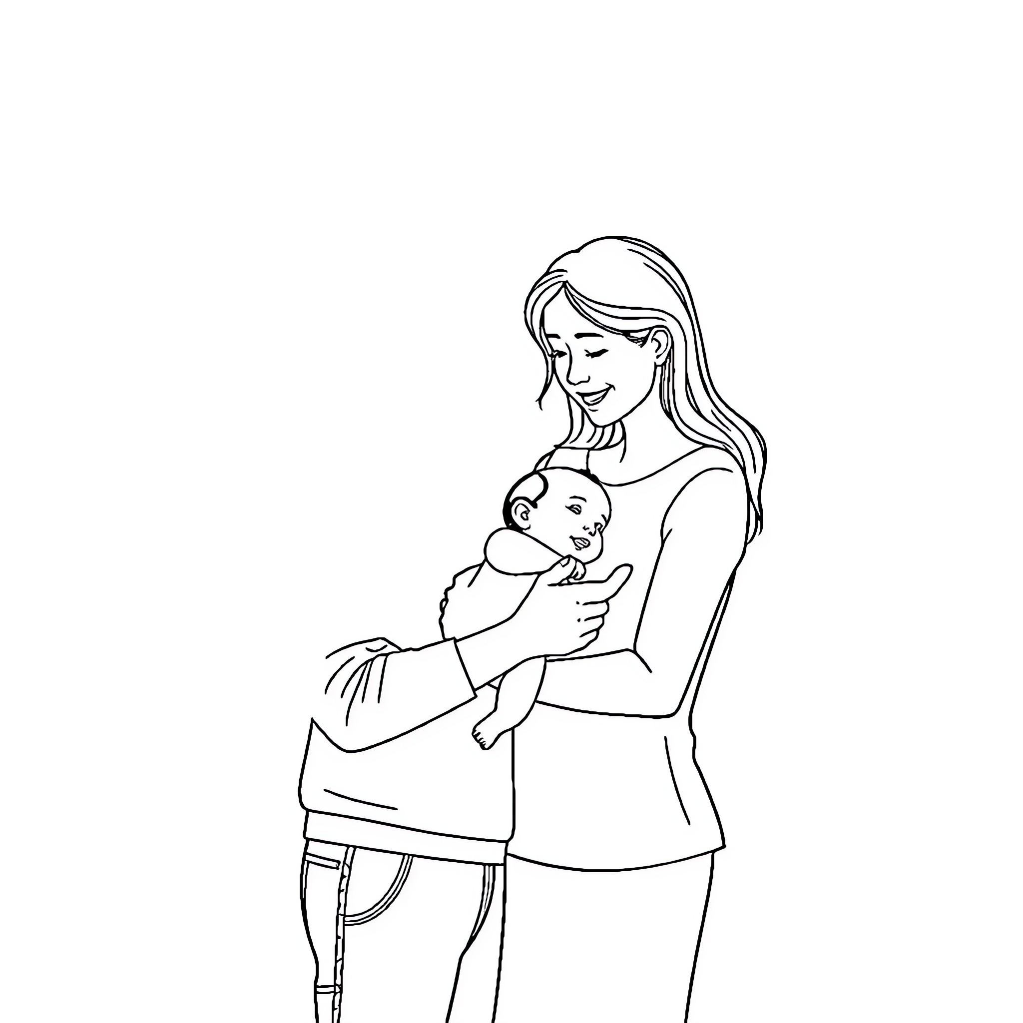 Couple embracing and caring for their newborn baby Coloring Page (free black-and-white line drawing printable PDF for all, from beginners to advanced learners, including children, teens, adults, and seniors)