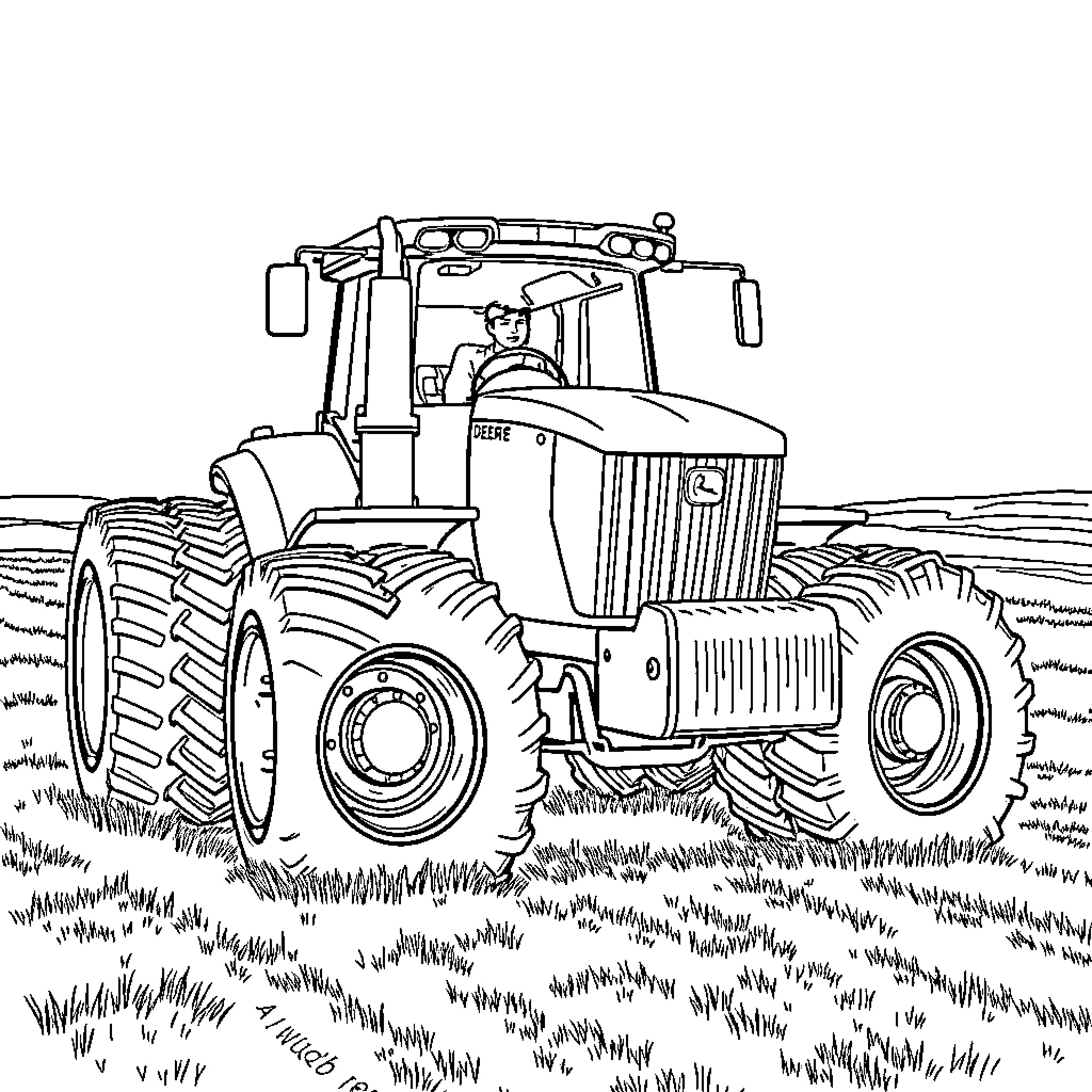 Tractor plowing through a field Coloring Page (free black-and-white line drawing printable PDF for all, from beginners to advanced learners, including children, teens, adults, and seniors)