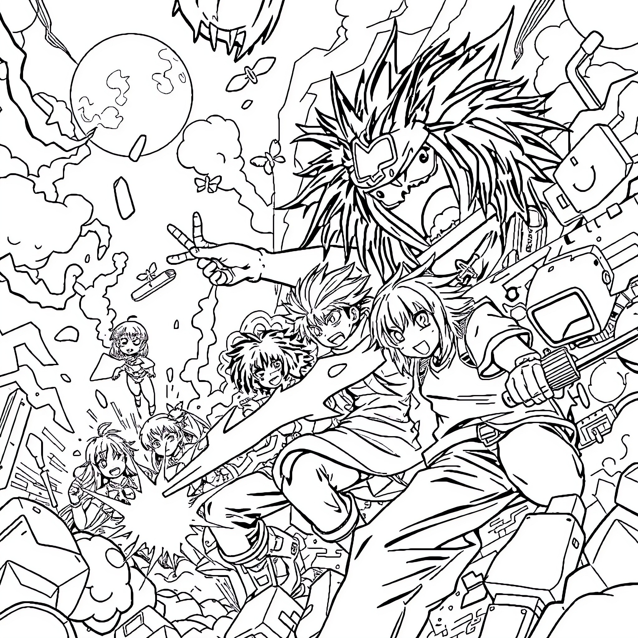 Anime Characters in Epic Battle with Explosions Coloring Page (free black-and-white line drawing printable PDF for all, from beginners to advanced learners, including children, teens, adults, and seniors)