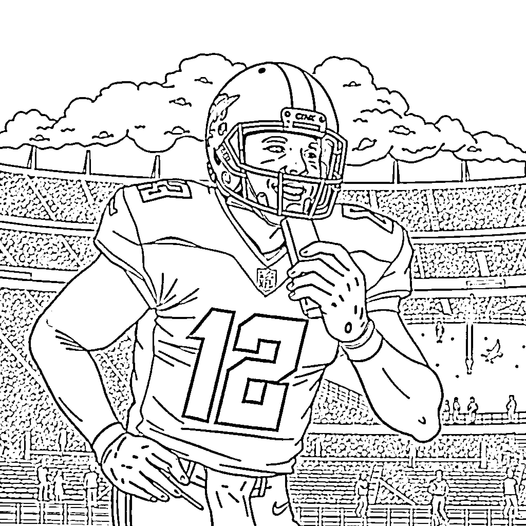 Football Player in Stadium Holding the Ball Coloring Page (free black-and-white line drawing printable PDF for all, from beginners to advanced learners, including children, teens, adults, and seniors)