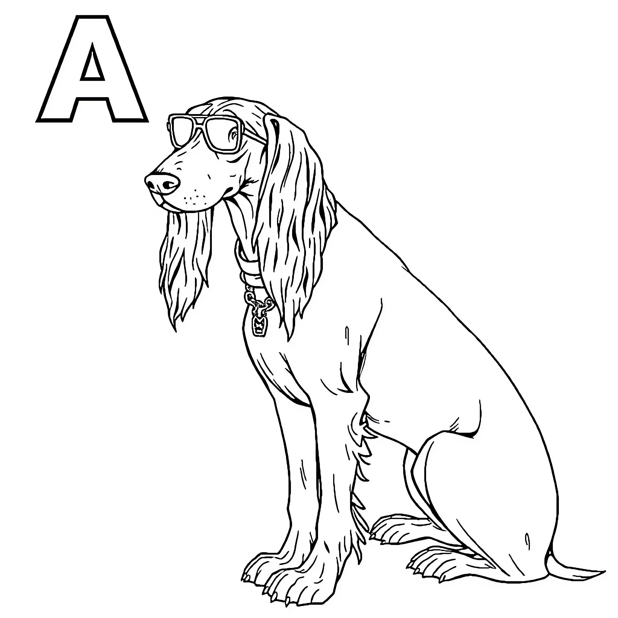 Dog wearing sunglasses and collar Coloring Page (free black-and-white line drawing printable PDF for all, from beginners to advanced learners, including children, teens, adults, and seniors)