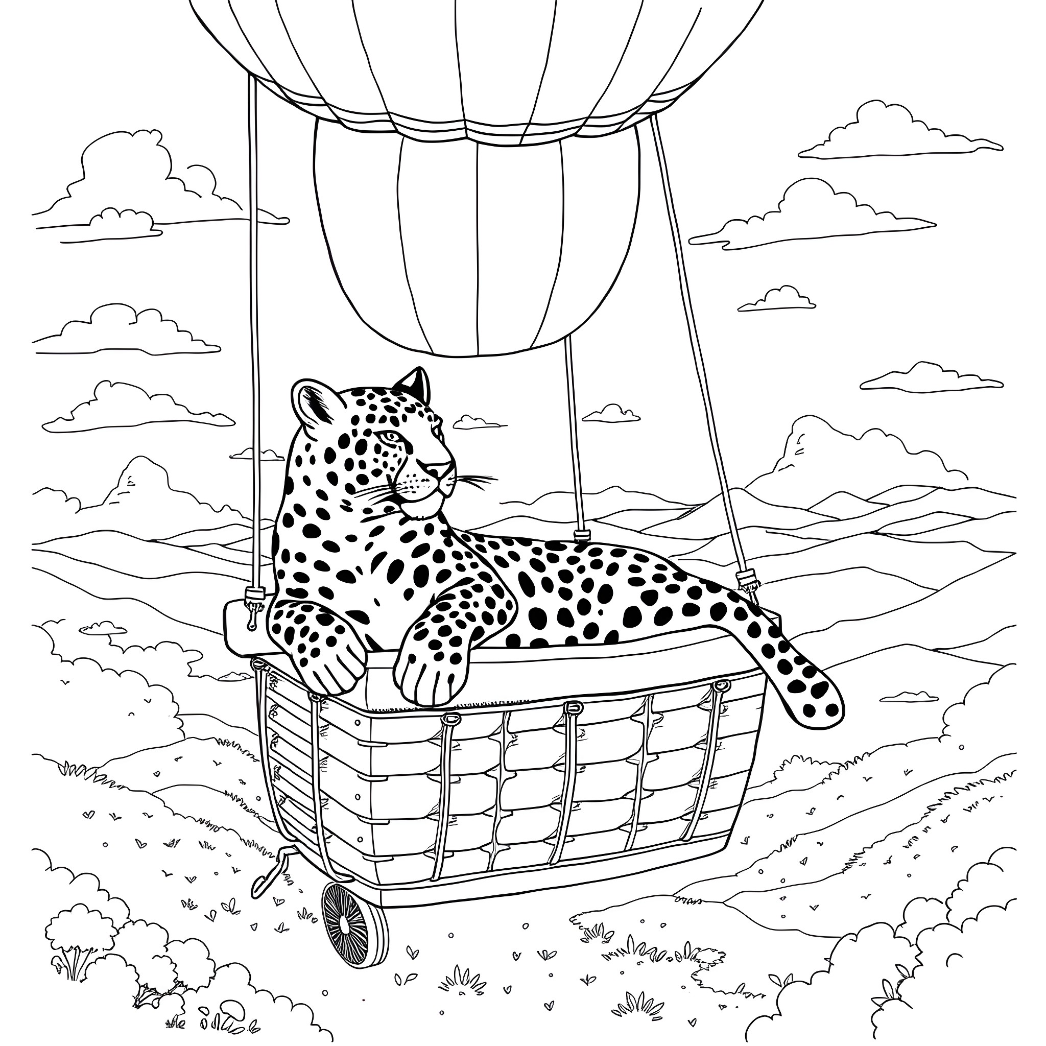 Jaguar in a Hot Air Balloon Coloring Page (free black-and-white line drawing printable PDF for all, from beginners to advanced learners, including children, teens, adults, and seniors)
