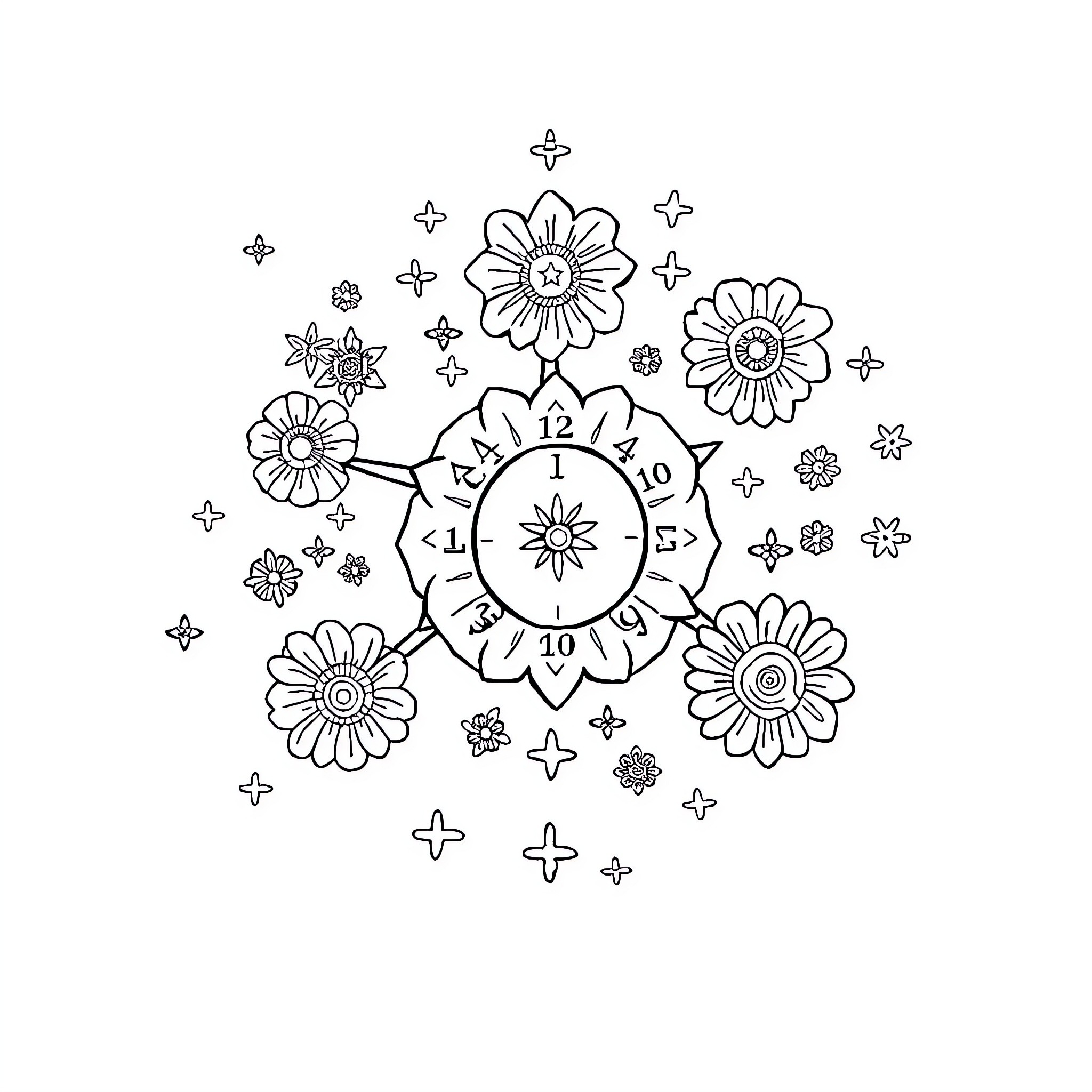 Magic Floral Clock with Radiant Blooms Coloring Page (free black-and-white line drawing printable PDF for all, from beginners to advanced learners, including children, teens, adults, and seniors)