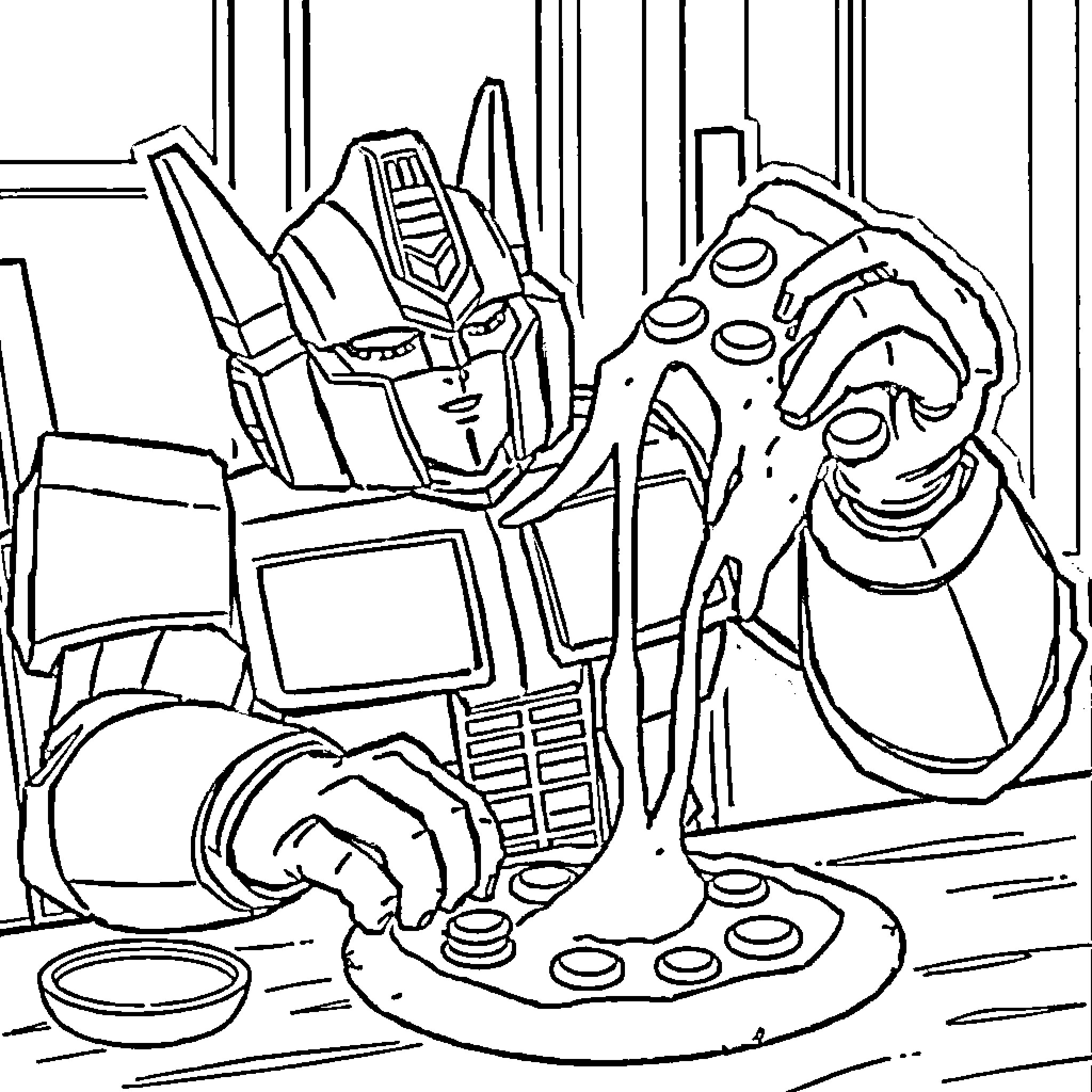 Optimus Prime in the midst of battle Coloring Page (free black-and-white line drawing printable PDF for all, from beginners to advanced learners, including children, teens, adults, and seniors)