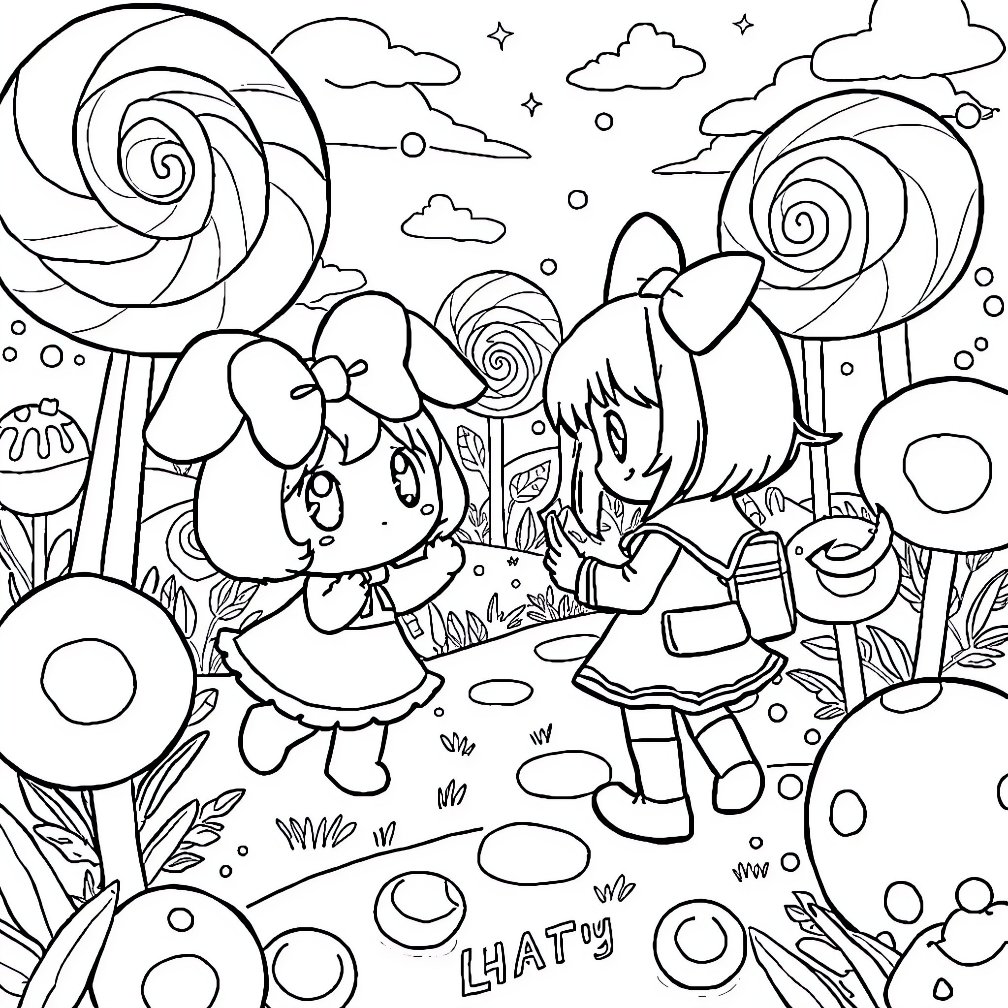 Kuromi exploring a whimsical candy-themed landscape Coloring Page (free black-and-white line drawing printable PDF for all, from beginners to advanced learners, including children, teens, adults, and seniors)