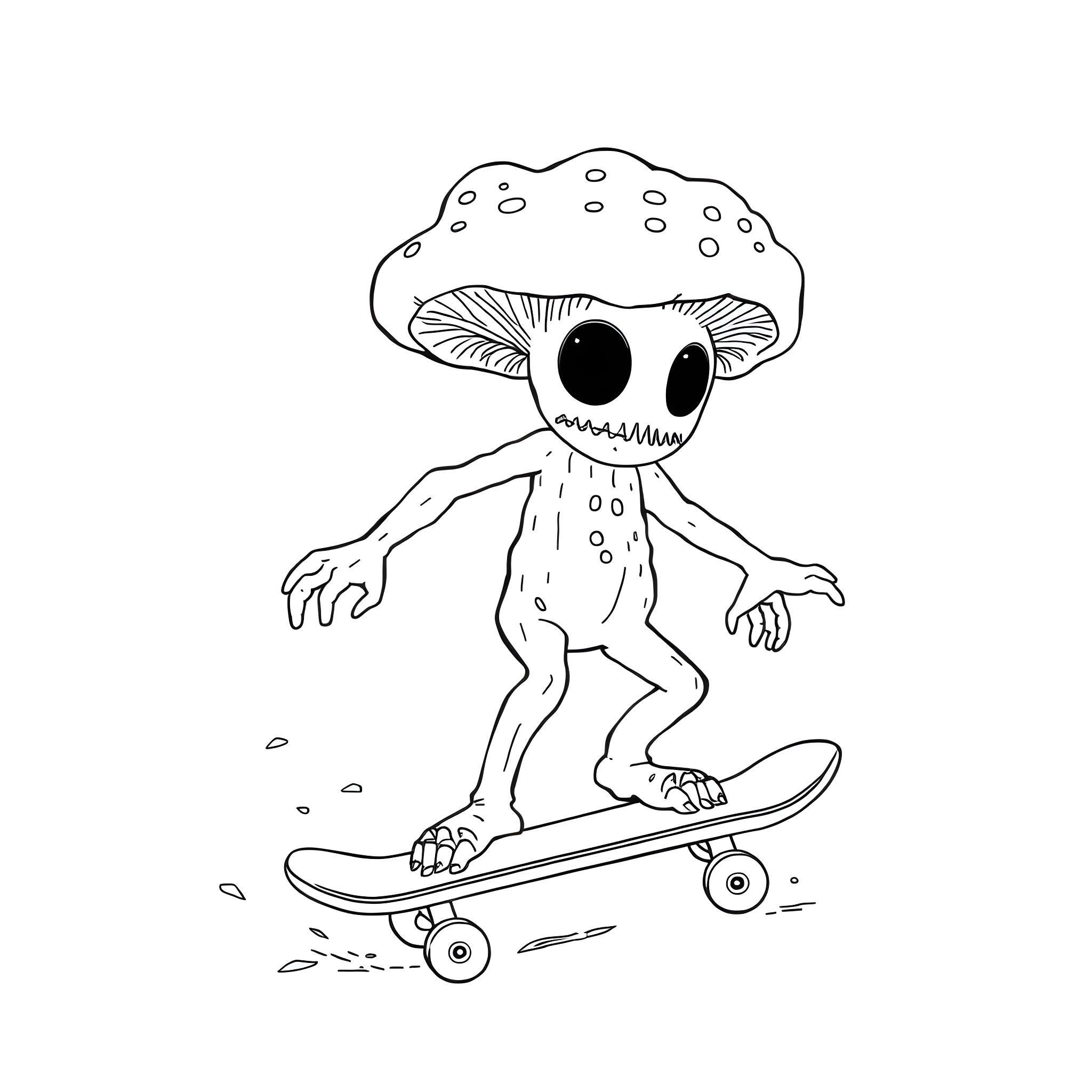 Cordyceps creature riding a skateboard Coloring Page (free black-and-white line drawing printable PDF for all, from beginners to advanced learners, including children, teens, adults, and seniors)