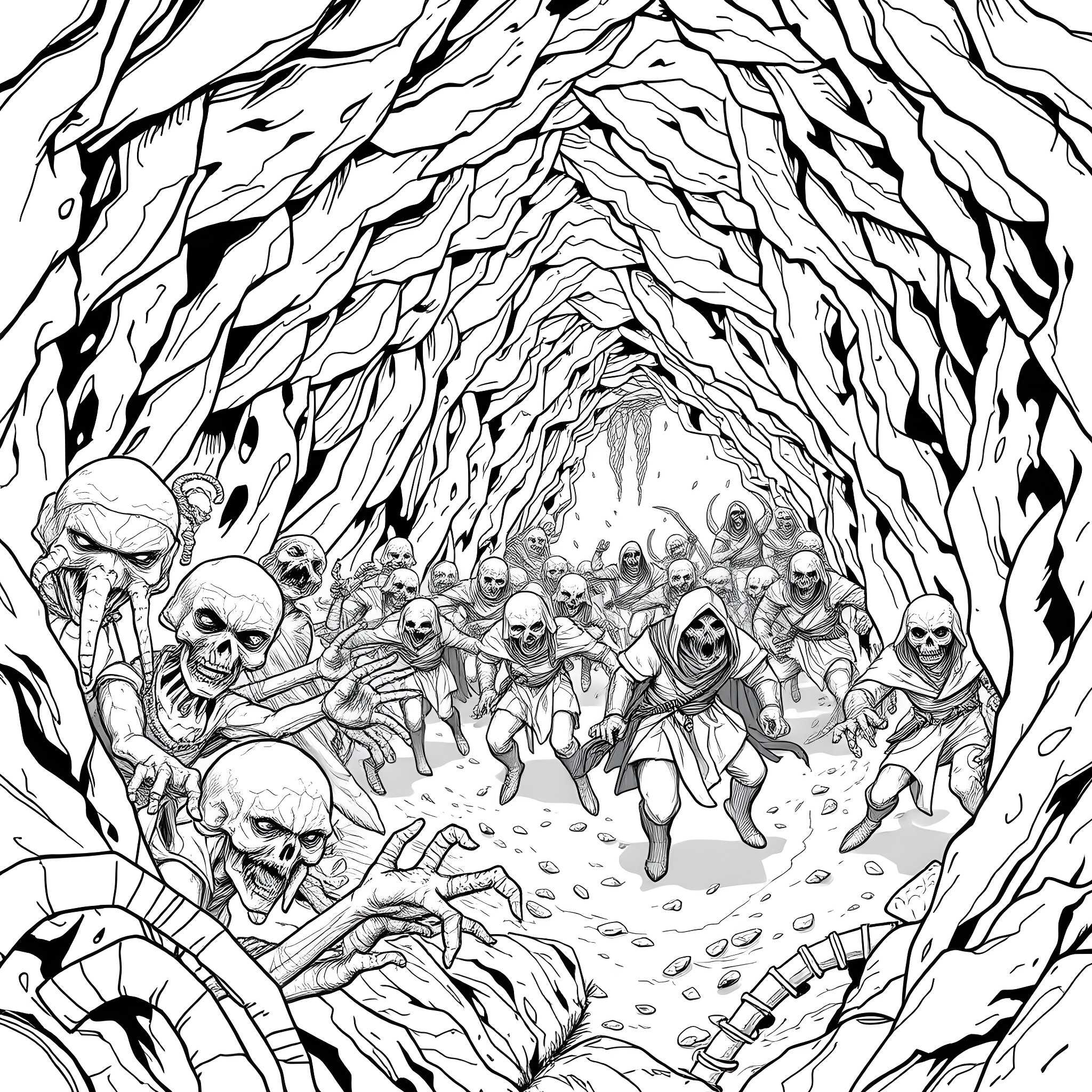 Myconid Horde Emerging from the Fungal Cavern Coloring Page (free black-and-white line drawing printable PDF for all, from beginners to advanced learners, including children, teens, adults, and seniors)