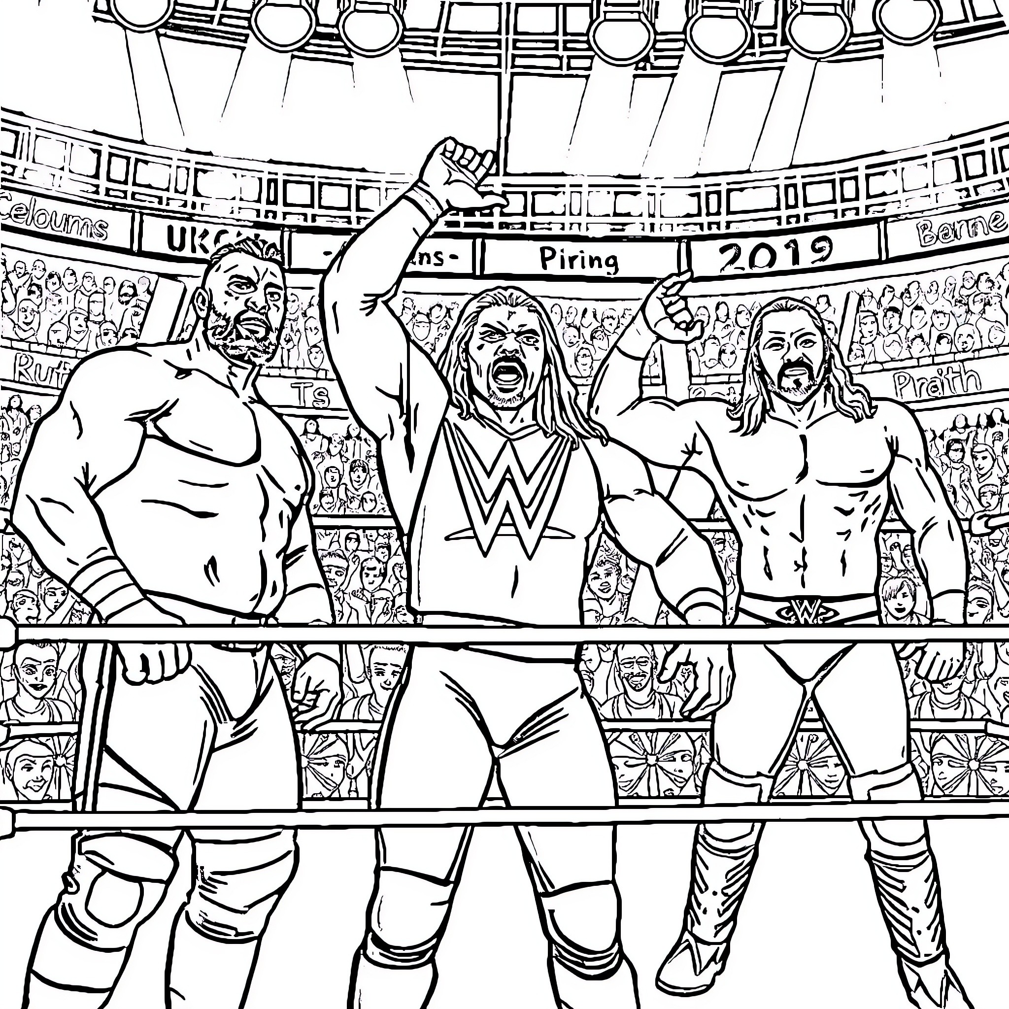 Wrestlers in Intense Match at Stadium Coloring Page (free black-and-white line drawing printable PDF for all, from beginners to advanced learners, including children, teens, adults, and seniors)