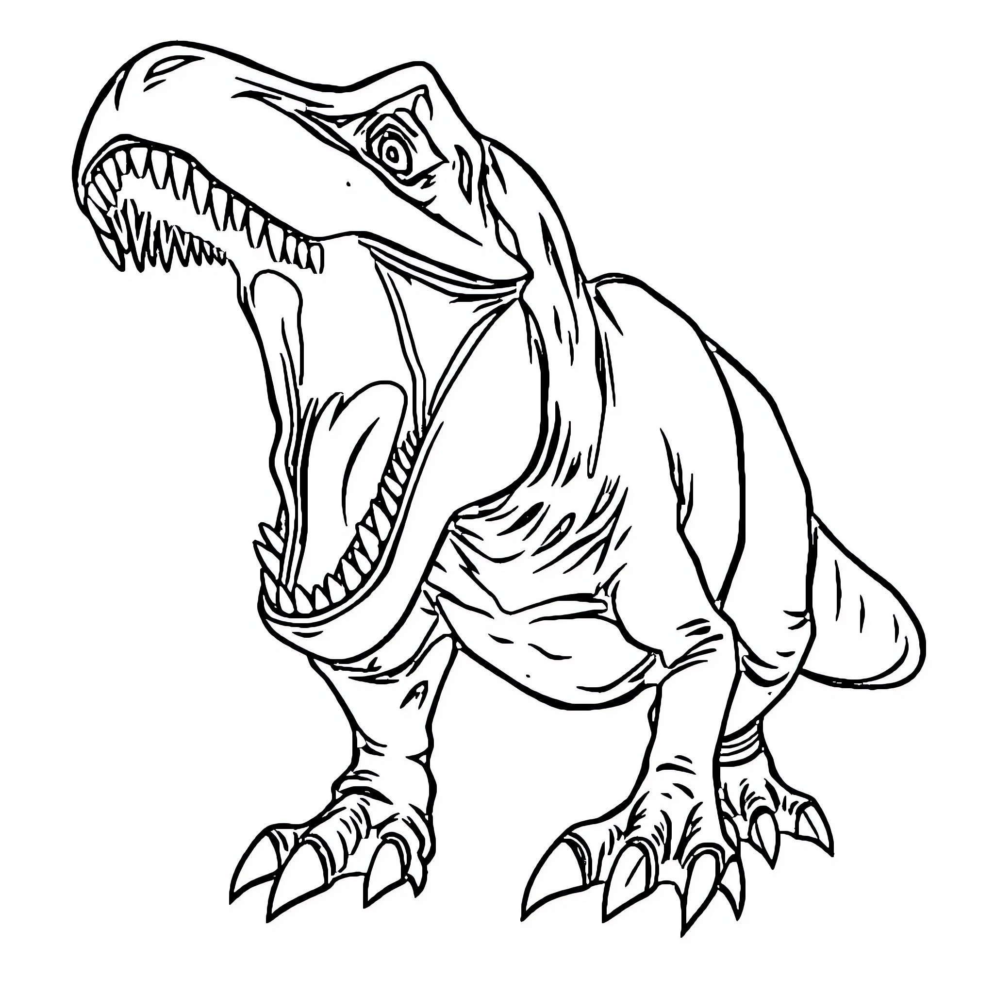 T-Rex Roaring Ferociously Coloring Page (free black-and-white line drawing printable PDF for all, from beginners to advanced learners, including children, teens, adults, and seniors)