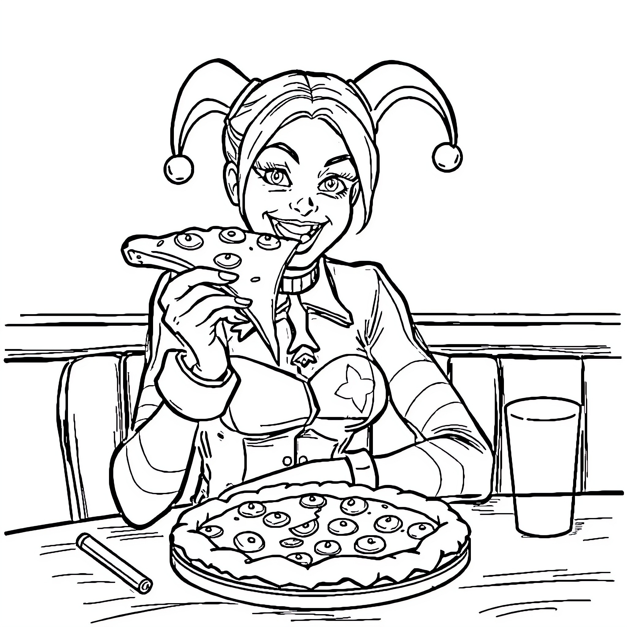 Harley Quinn enjoying a pizza party Coloring Page (free black-and-white line drawing printable PDF for all, from beginners to advanced learners, including children, teens, adults, and seniors)