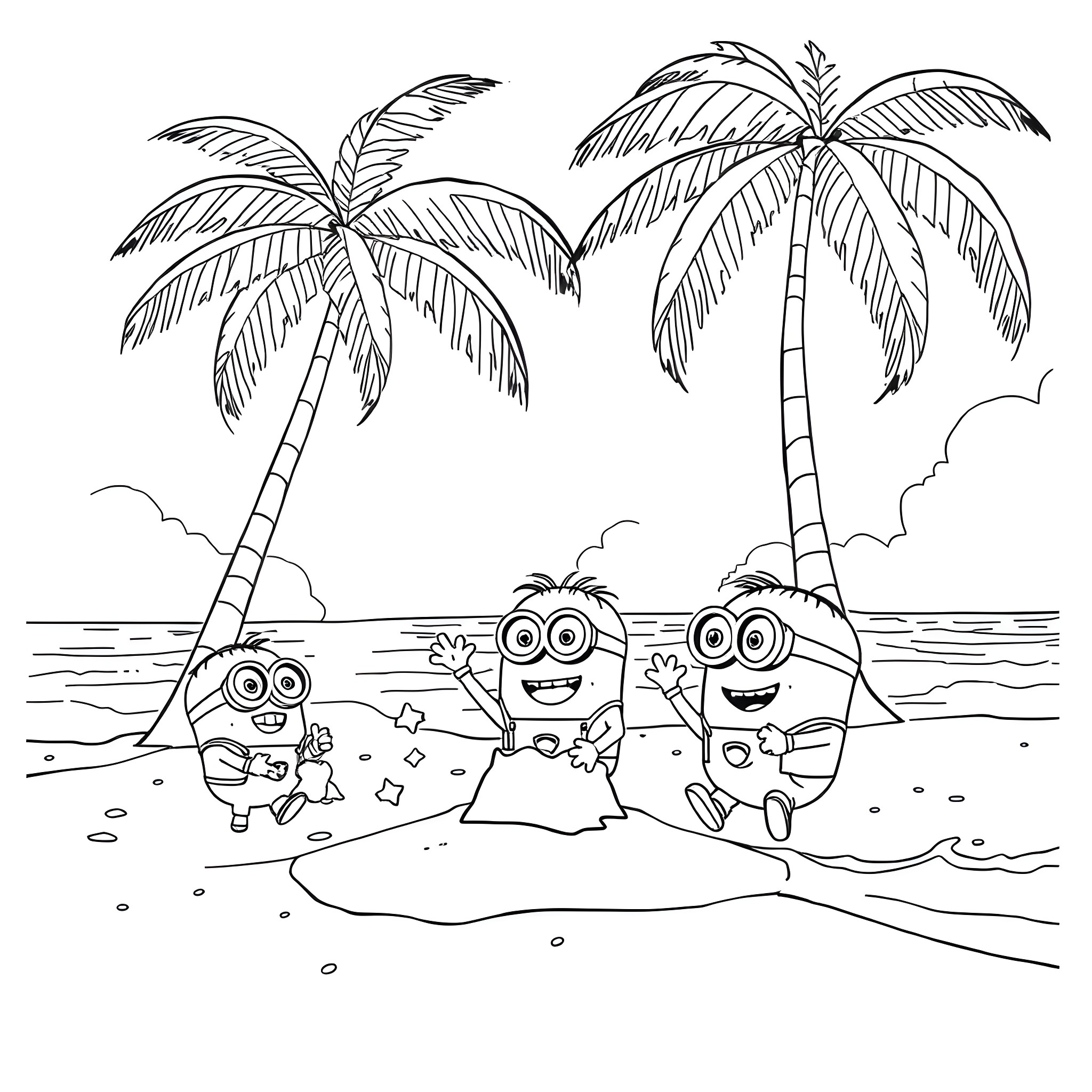 Minions playing happily on the beach Coloring Page (free black-and-white line drawing printable PDF for all, from beginners to advanced learners, including children, teens, adults, and seniors)