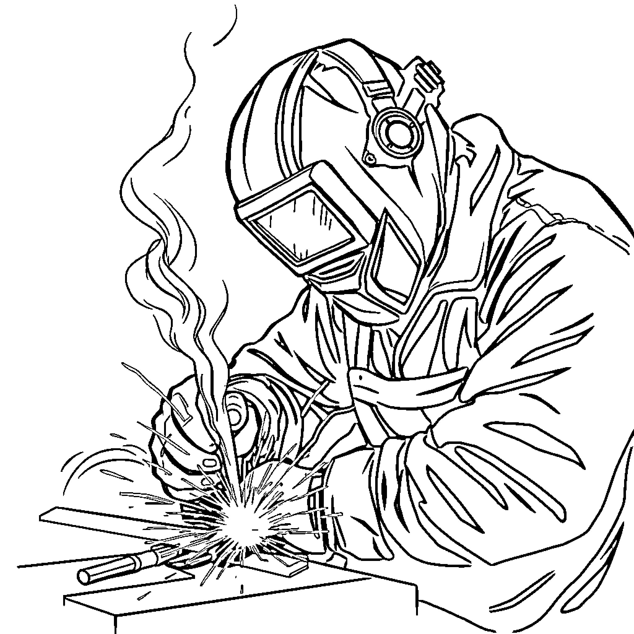 Welder working with protective gear and equipment Coloring Page (free black-and-white line drawing printable PDF for all, from beginners to advanced learners, including children, teens, adults, and seniors)