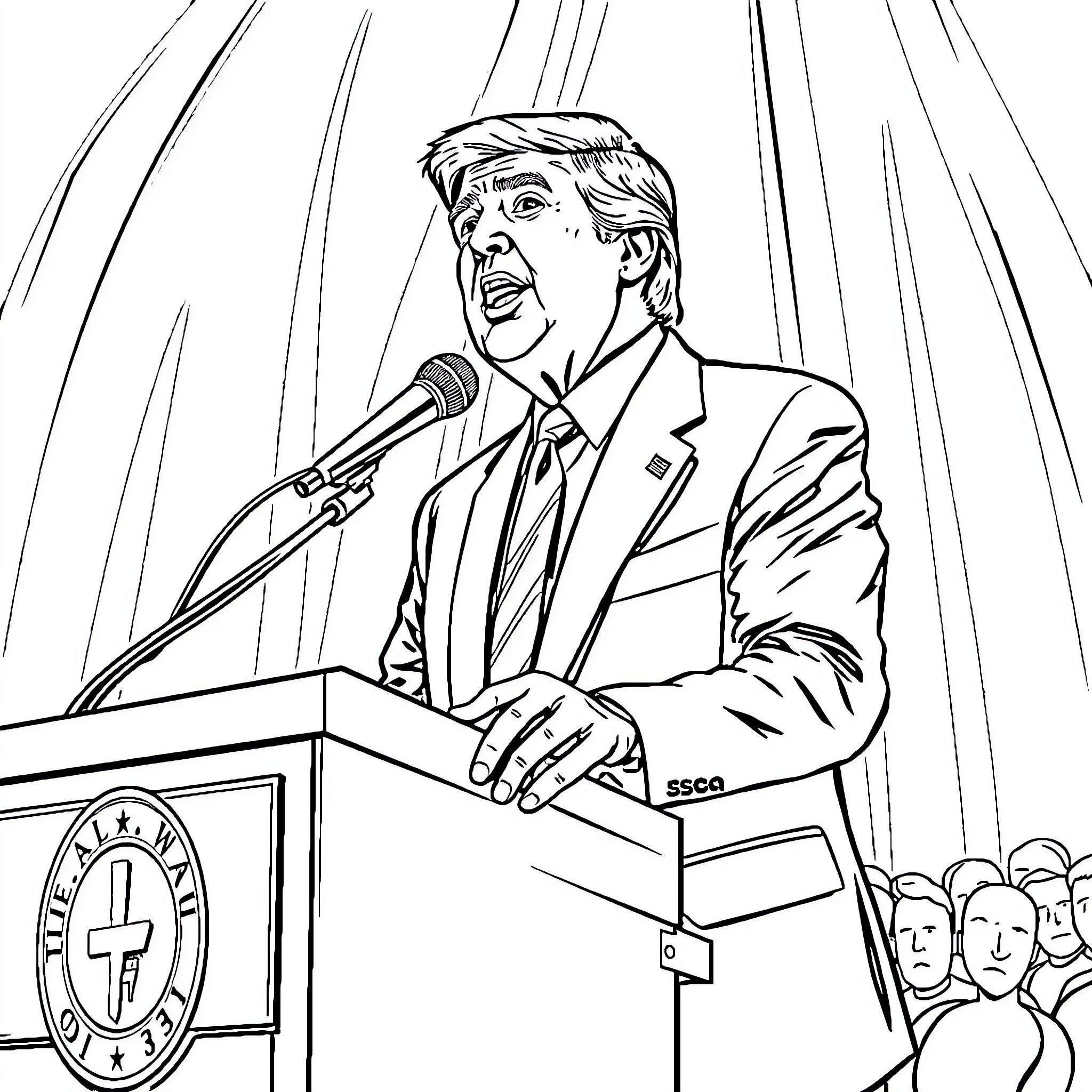 Politician Delivering Passionate Speech at Podium Coloring Page (free black-and-white line drawing printable PDF for all, from beginners to advanced learners, including children, teens, adults, and seniors)