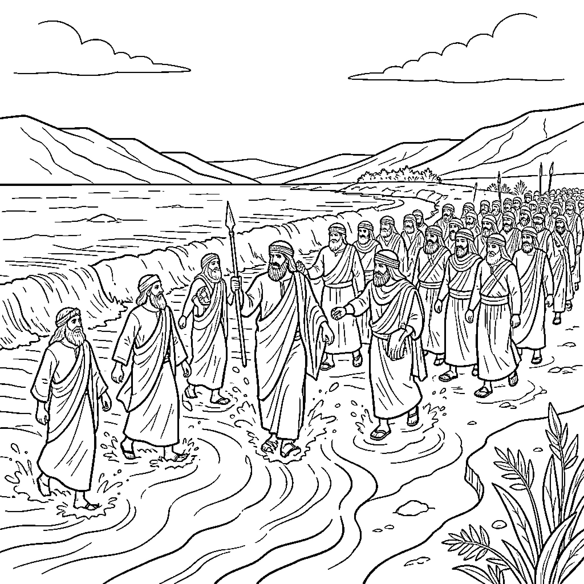 Moses leading a group of people through shallow water Coloring Page (free black-and-white line drawing printable PDF for all, from beginners to advanced learners, including children, teens, adults, and seniors)
