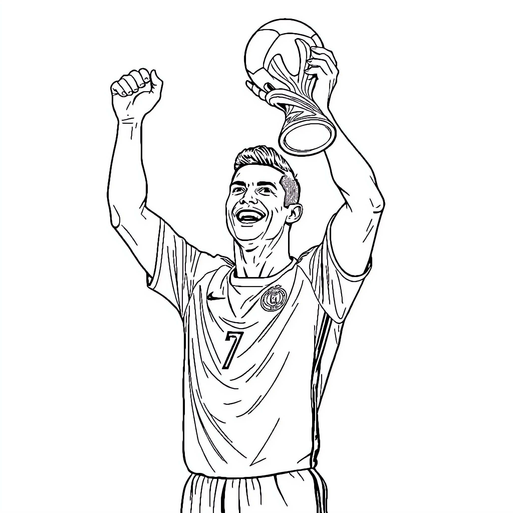 Cristiano Ronaldo Celebrates Trophy Triumph Coloring Page (free black-and-white line drawing printable PDF for all, from beginners to advanced learners, including children, teens, adults, and seniors)