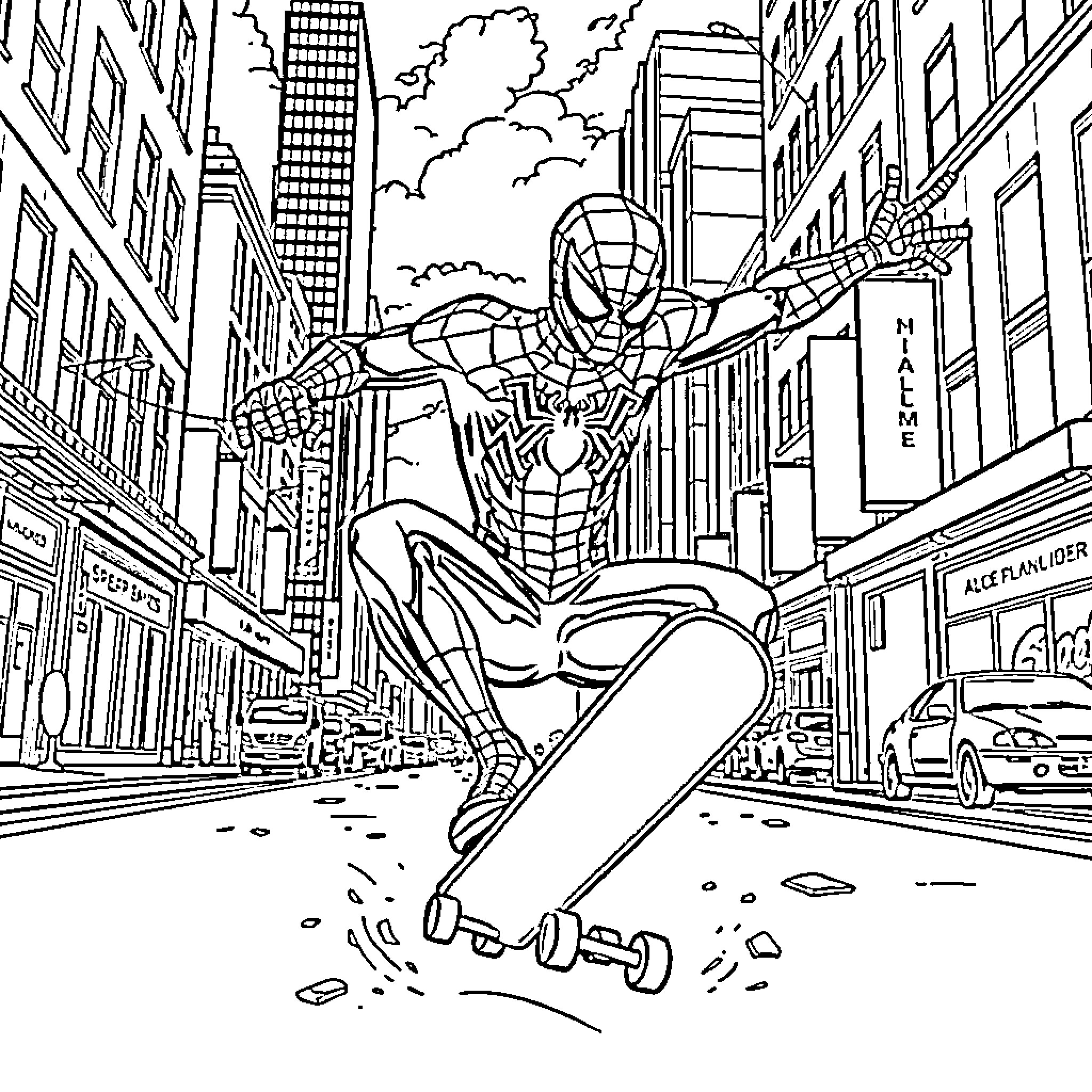 Spiderman swinging through the city Coloring Page (free black-and-white line drawing printable PDF for all, from beginners to advanced learners, including children, teens, adults, and seniors)
