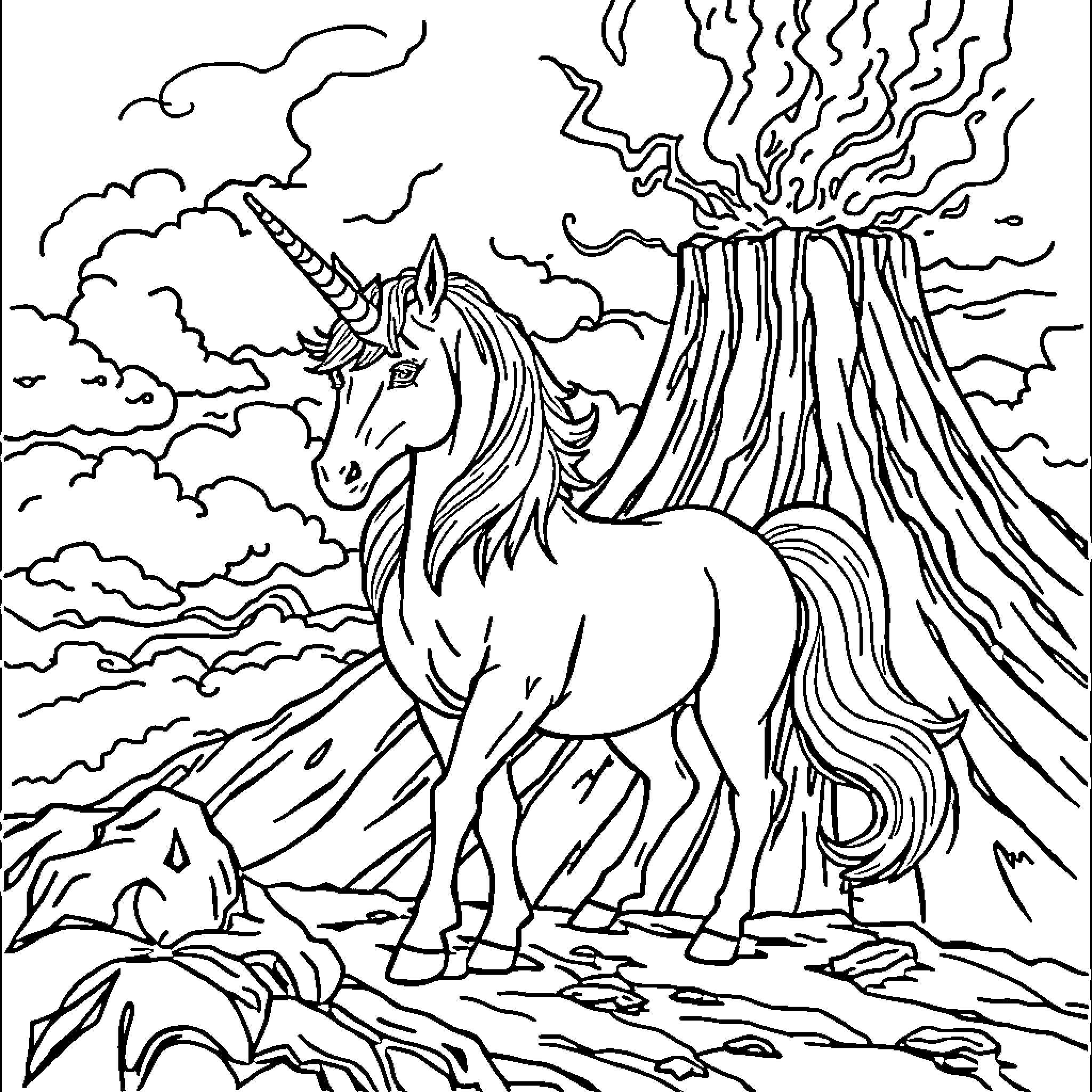 Unicorn exploring the enchanted volcanic landscape Coloring Page (free black-and-white line drawing printable PDF for all, from beginners to advanced learners, including children, teens, adults, and seniors)