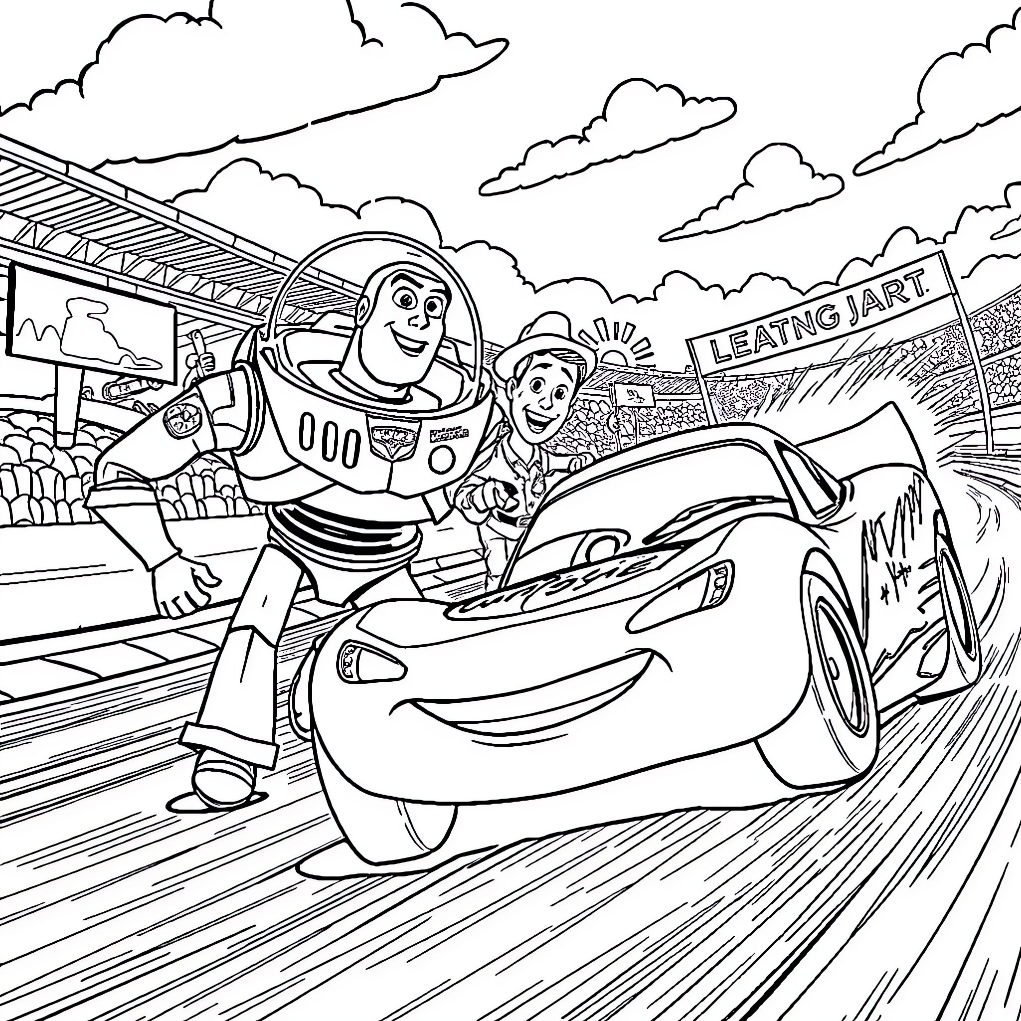 Buzz Lightyear and friends race through the carnival Coloring Page (free black-and-white line drawing printable PDF for all, from beginners to advanced learners, including children, teens, adults, and seniors)