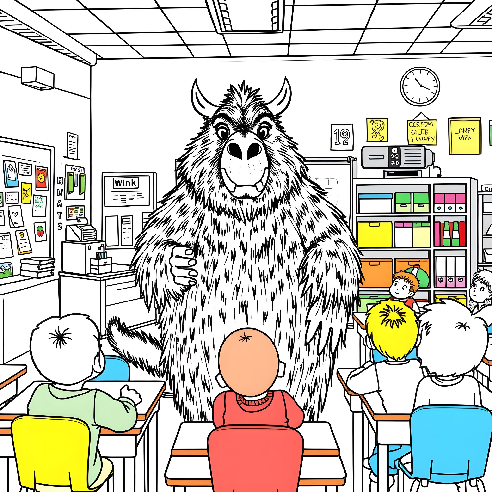 Gruffalo visits classroom with students Coloring Page (free black-and-white line drawing printable PDF for all, from beginners to advanced learners, including children, teens, adults, and seniors)