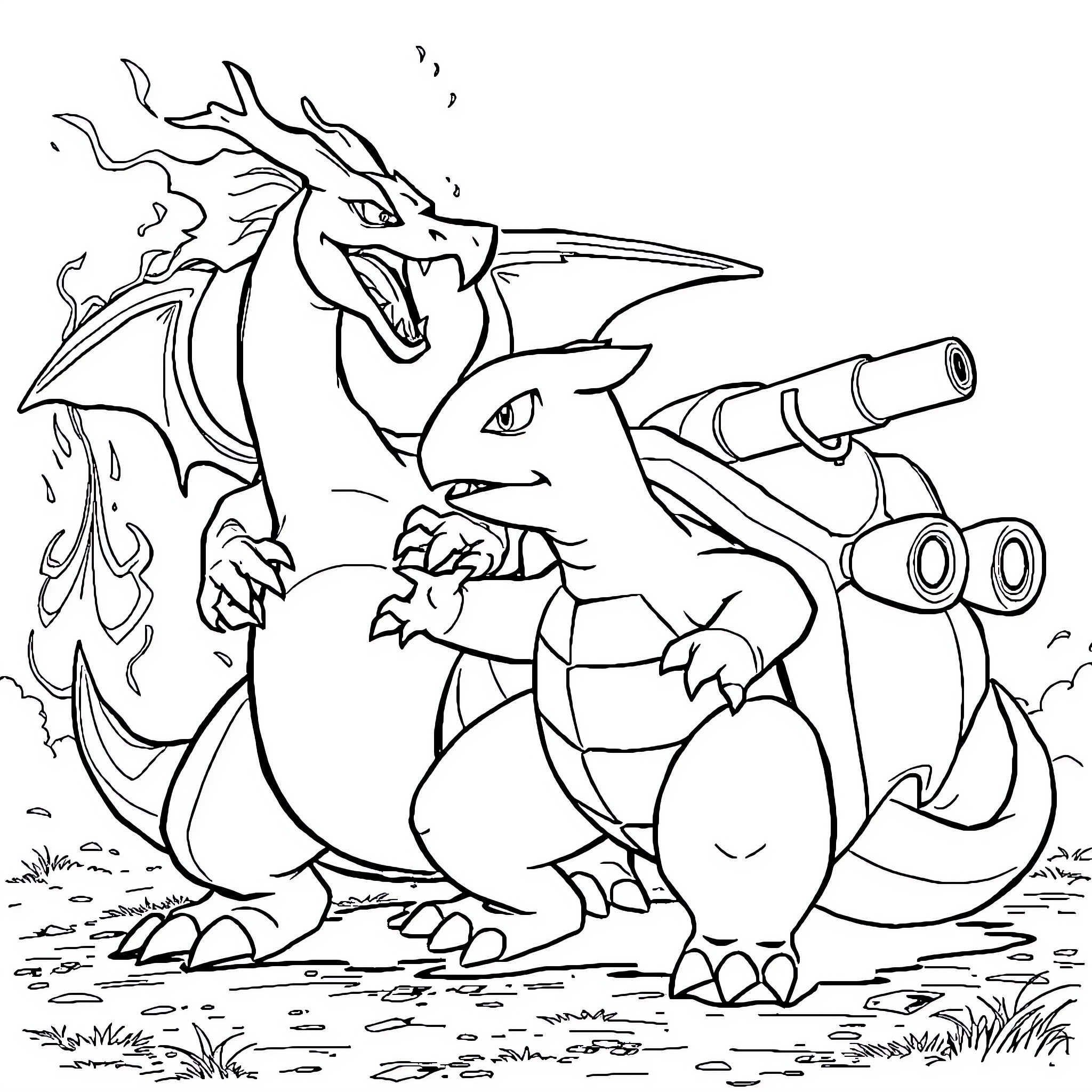 Charizard and Blastoise battle fiercely in the wilderness Coloring Page (free black-and-white line drawing printable PDF for all, from beginners to advanced learners, including children, teens, adults, and seniors)