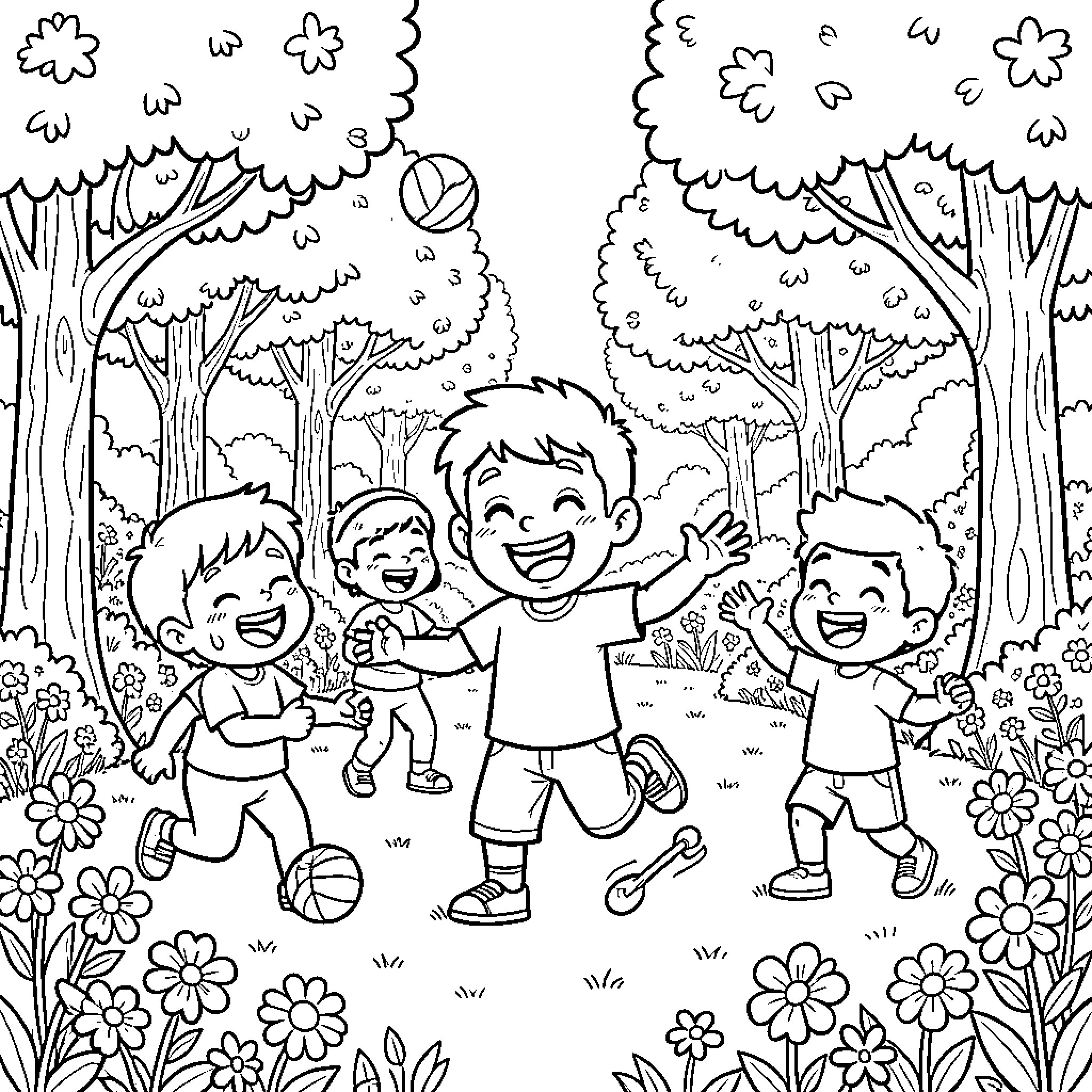 Jorge el Curioso and Friends Enjoy the Outdoors Coloring Page (free black-and-white line drawing printable PDF for all, from beginners to advanced learners, including children, teens, adults, and seniors)