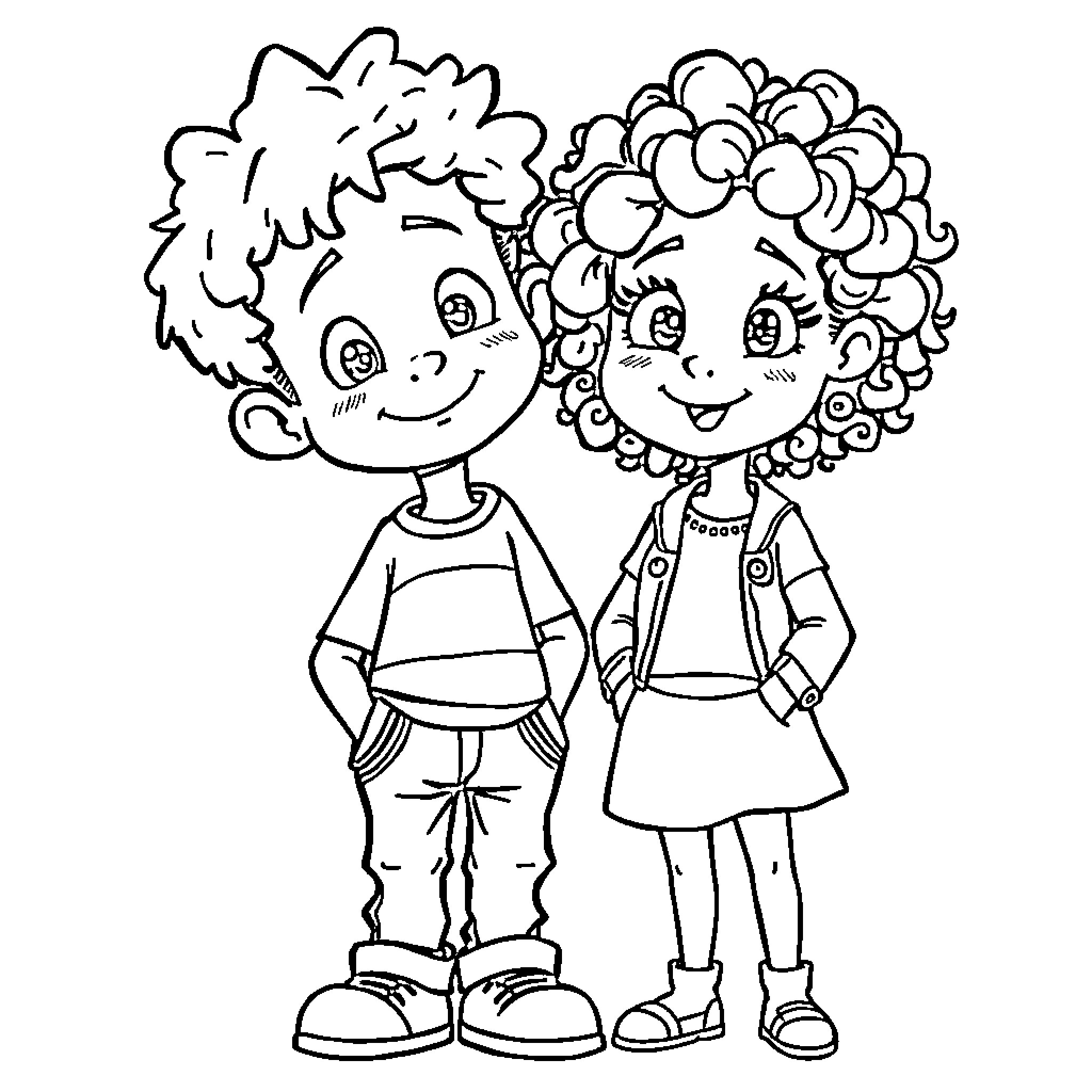 Boy and Girl Smiling Happily Together Coloring Page (free black-and-white line drawing printable PDF for all, from beginners to advanced learners, including children, teens, adults, and seniors)