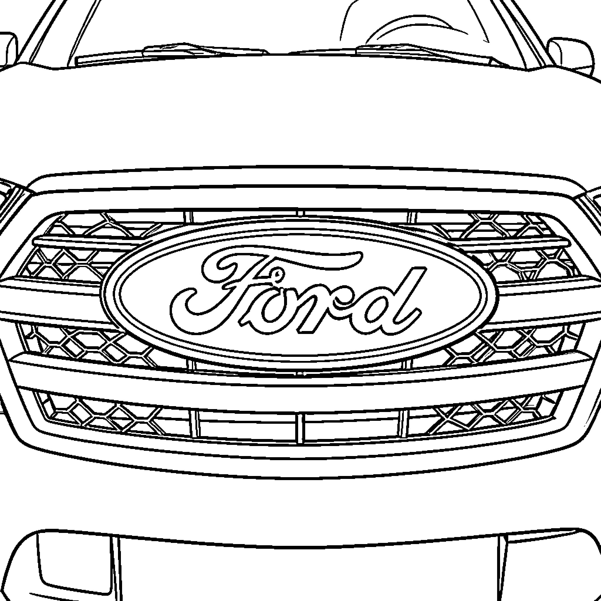 Ford Logo displayed prominently on a vehicle grille Coloring Page (free black-and-white line drawing printable PDF for all, from beginners to advanced learners, including children, teens, adults, and seniors)