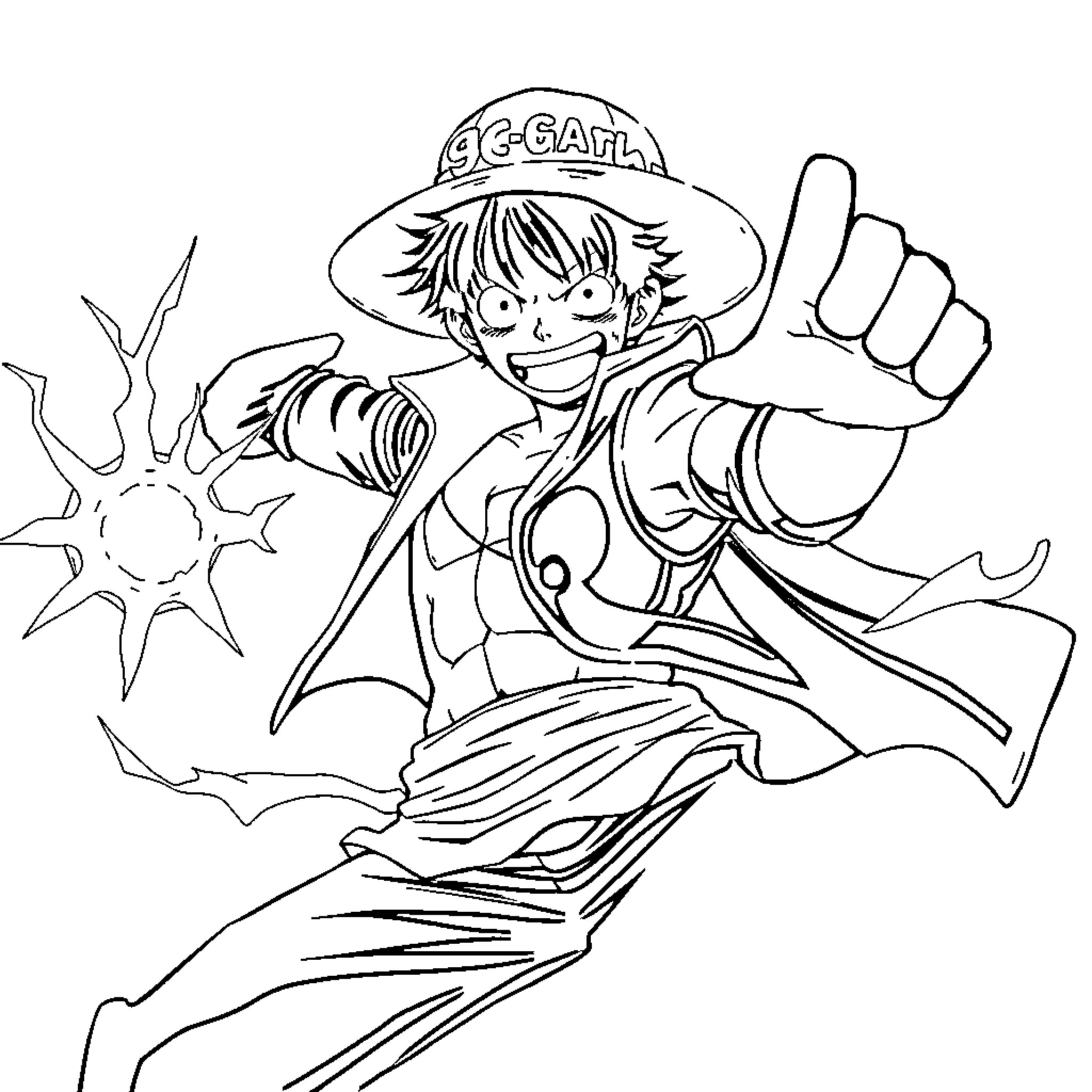 Monkey D Luffy in Action-Packed Scene Coloring Page (free black-and-white line drawing printable PDF for all, from beginners to advanced learners, including children, teens, adults, and seniors)